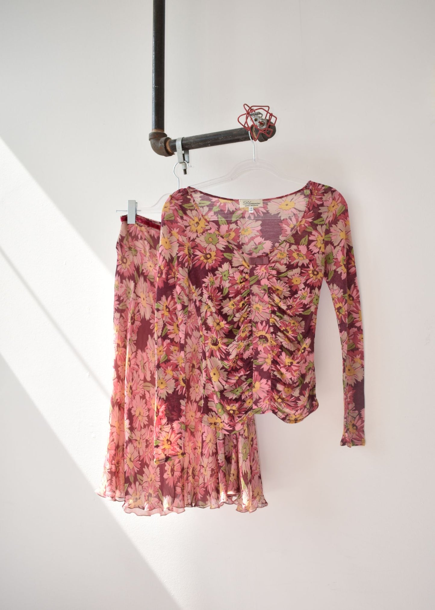 Blumarine Prairie Inspired Floral Long Sleeve + Silk Skirt Set