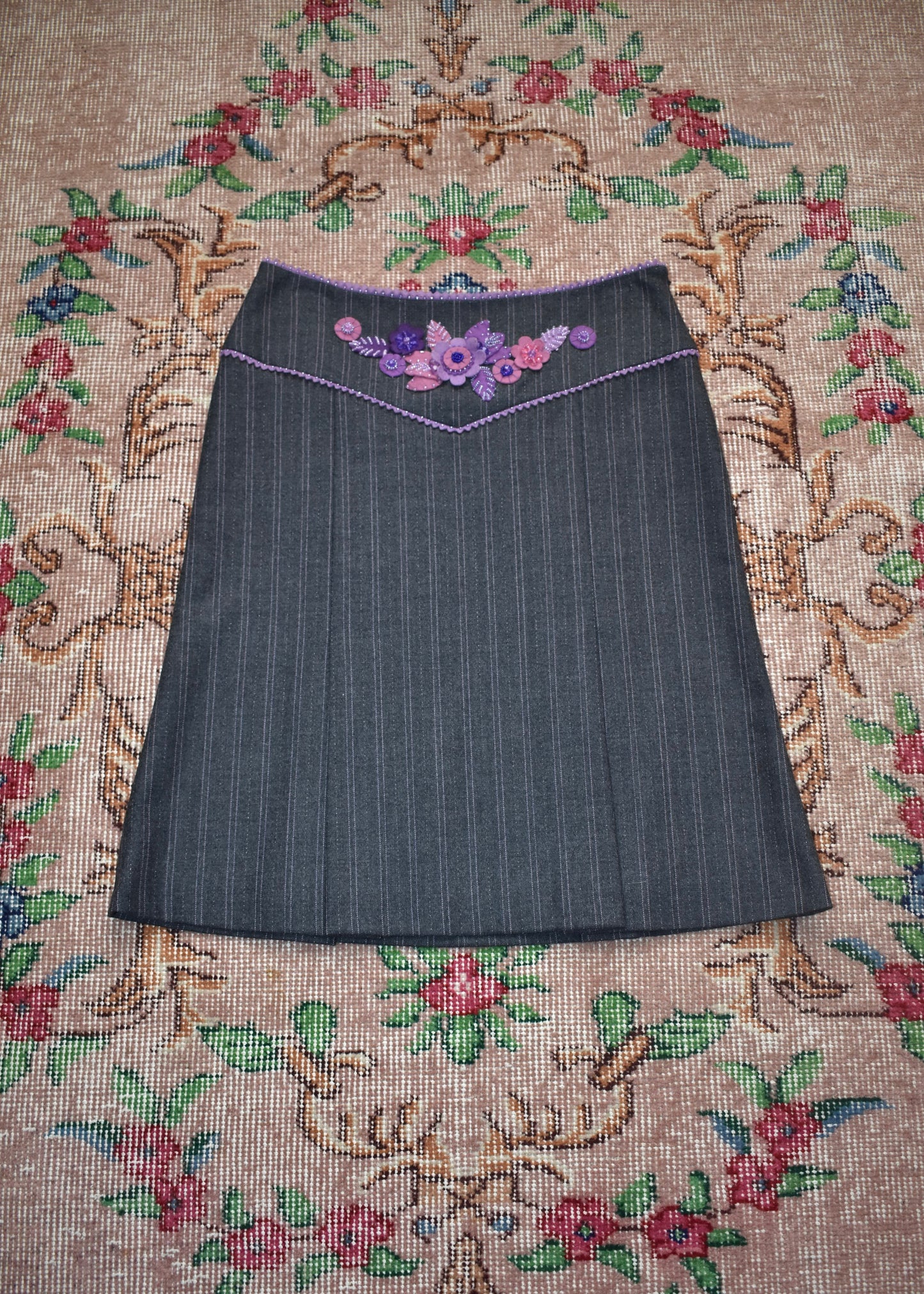 Moschino Cheap + Chic Gray Pinstripe Skirt with Beaded Floral Embellishments