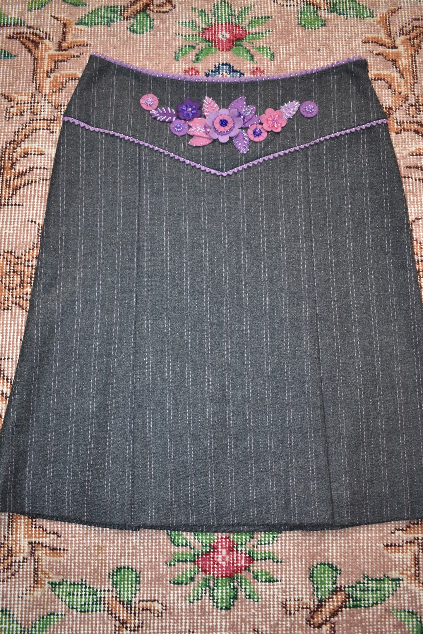 Moschino Cheap + Chic Gray Pinstripe Skirt with Beaded Floral Embellishments
