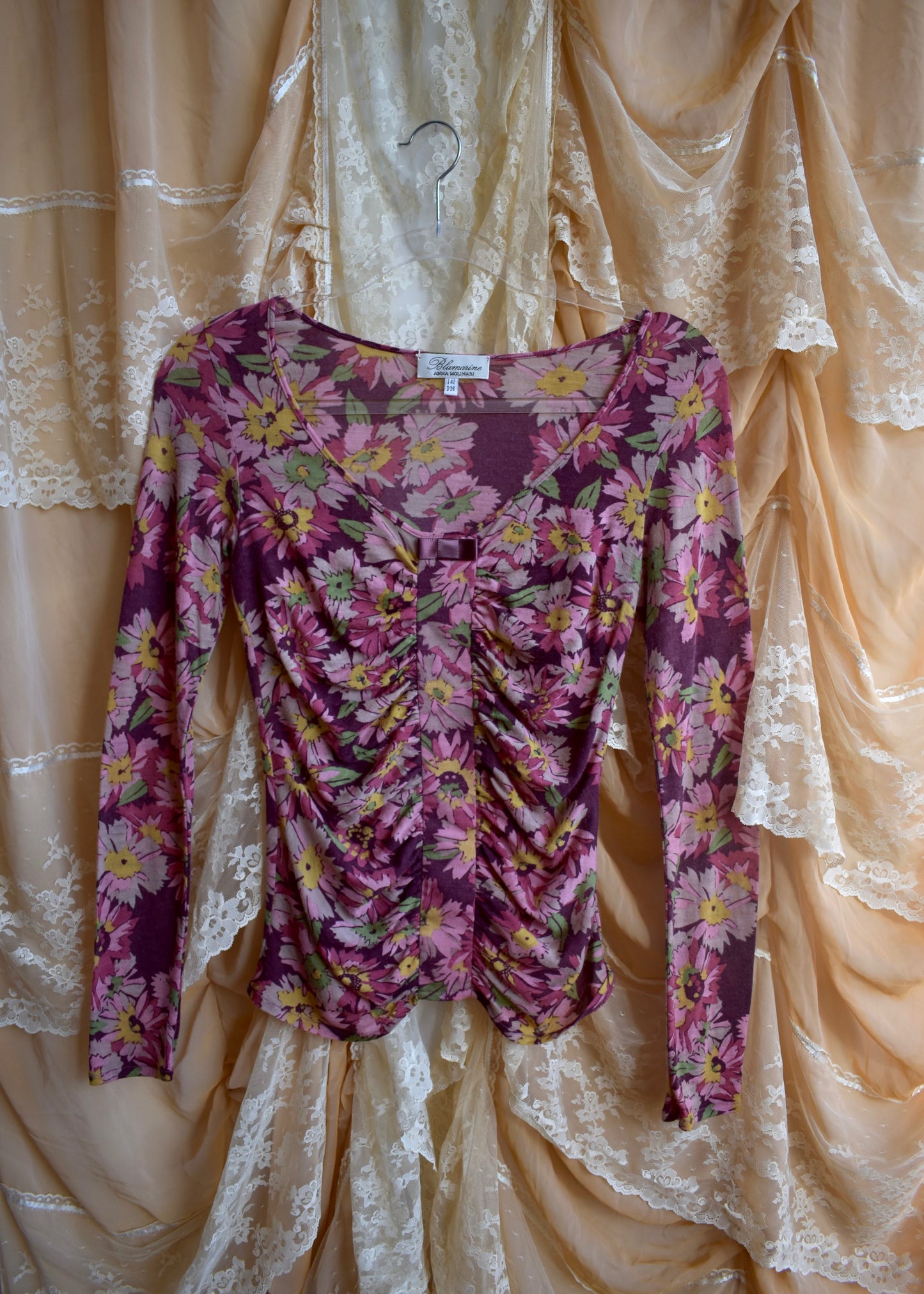 Blumarine Prairie Inspired Floral Long Sleeve + Silk Skirt Set