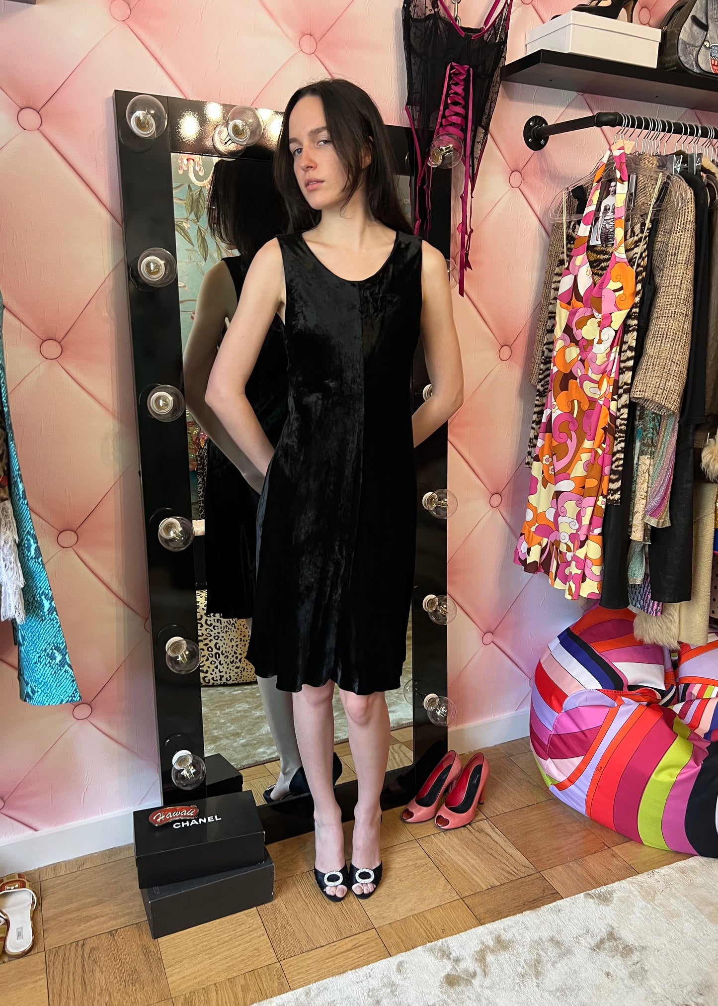 Miu Miu 90s Black Liquid Velvet Midi Dress