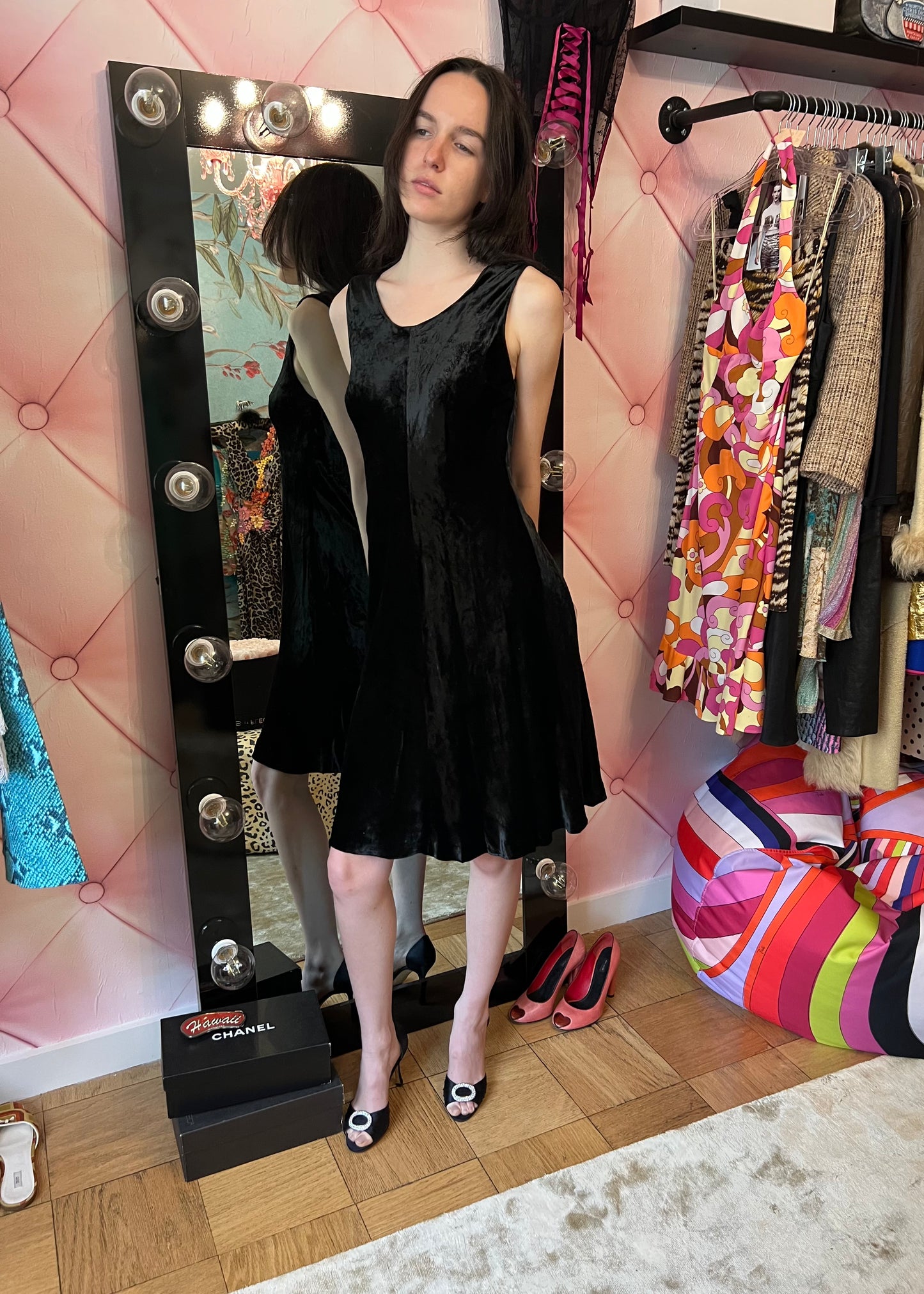 Miu Miu 90s Black Liquid Velvet Midi Dress