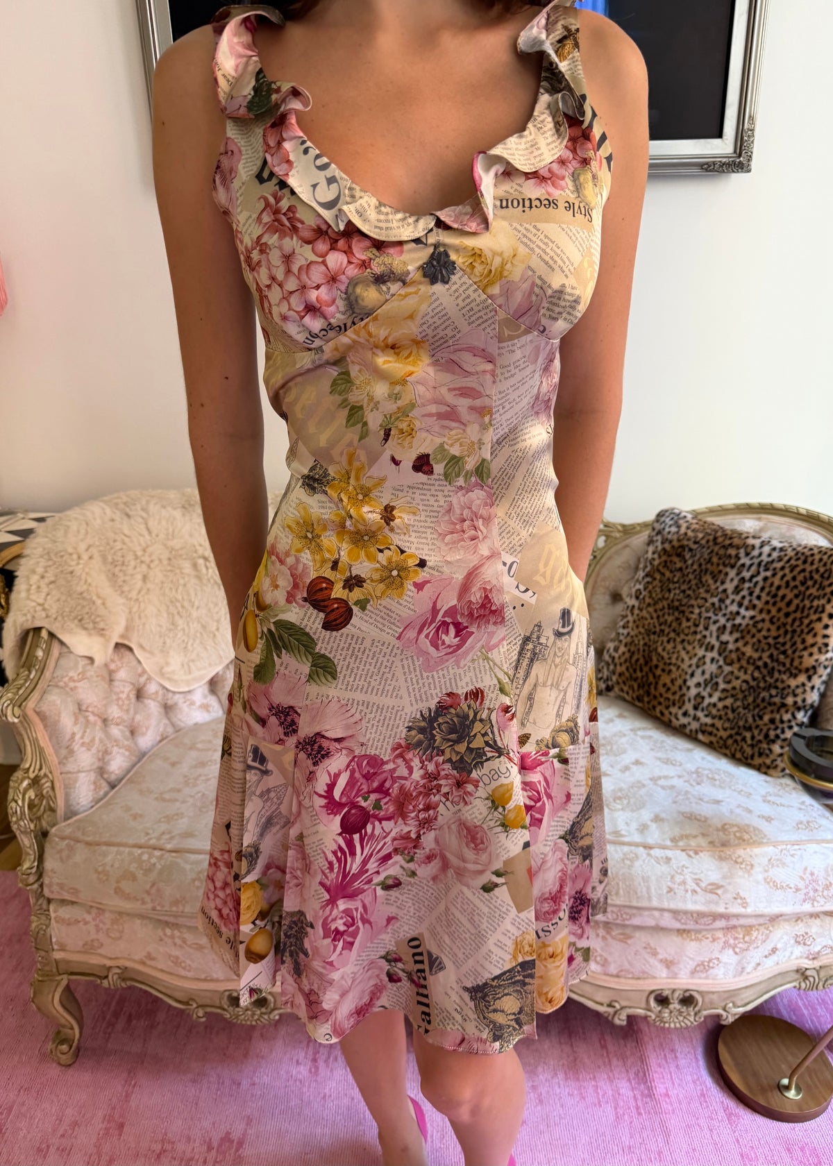 Galliano Newsprint Floral Silk Midi Dress