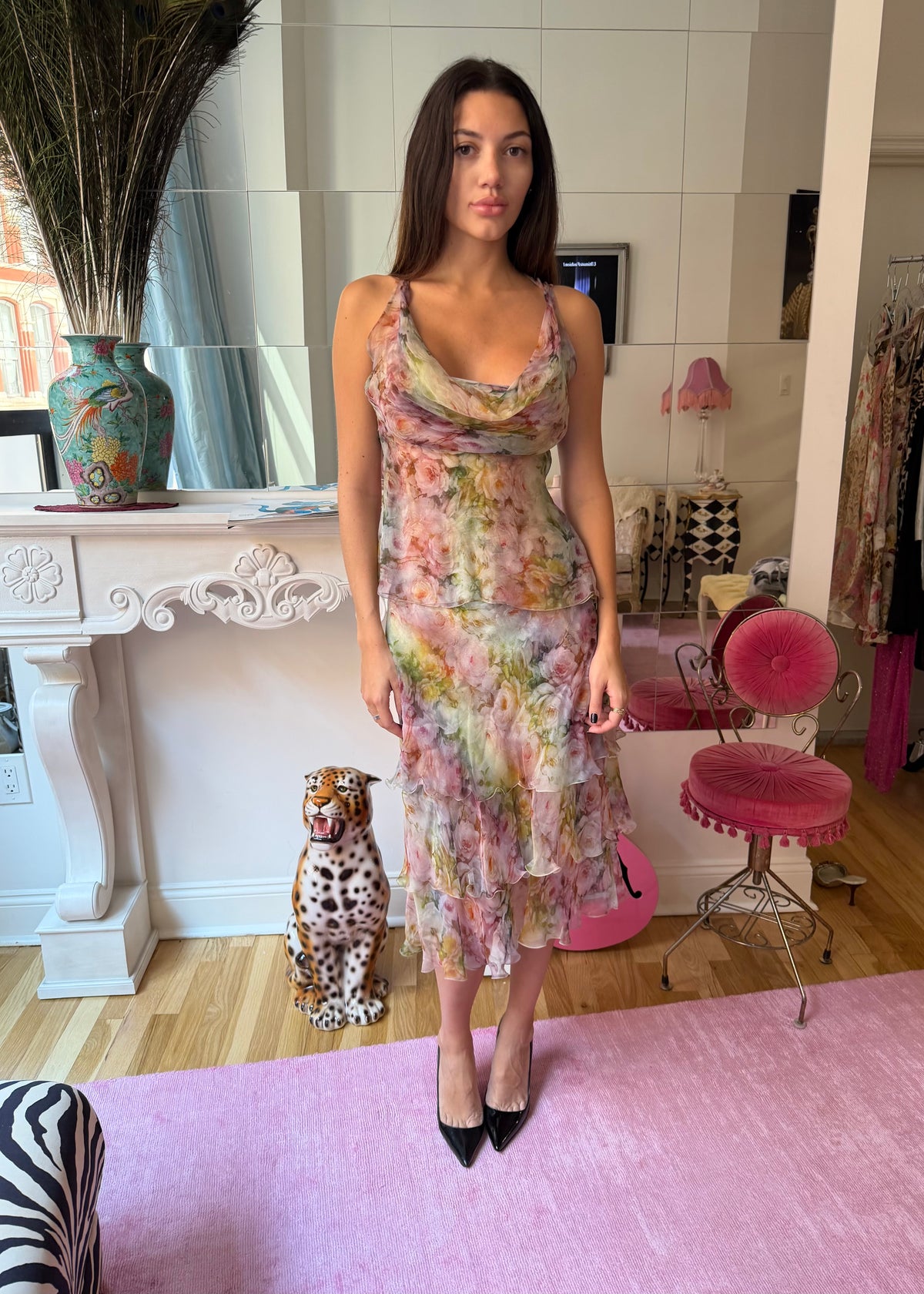 Valentino Rainbow Rose Print Silk Blouse & Skirt Set