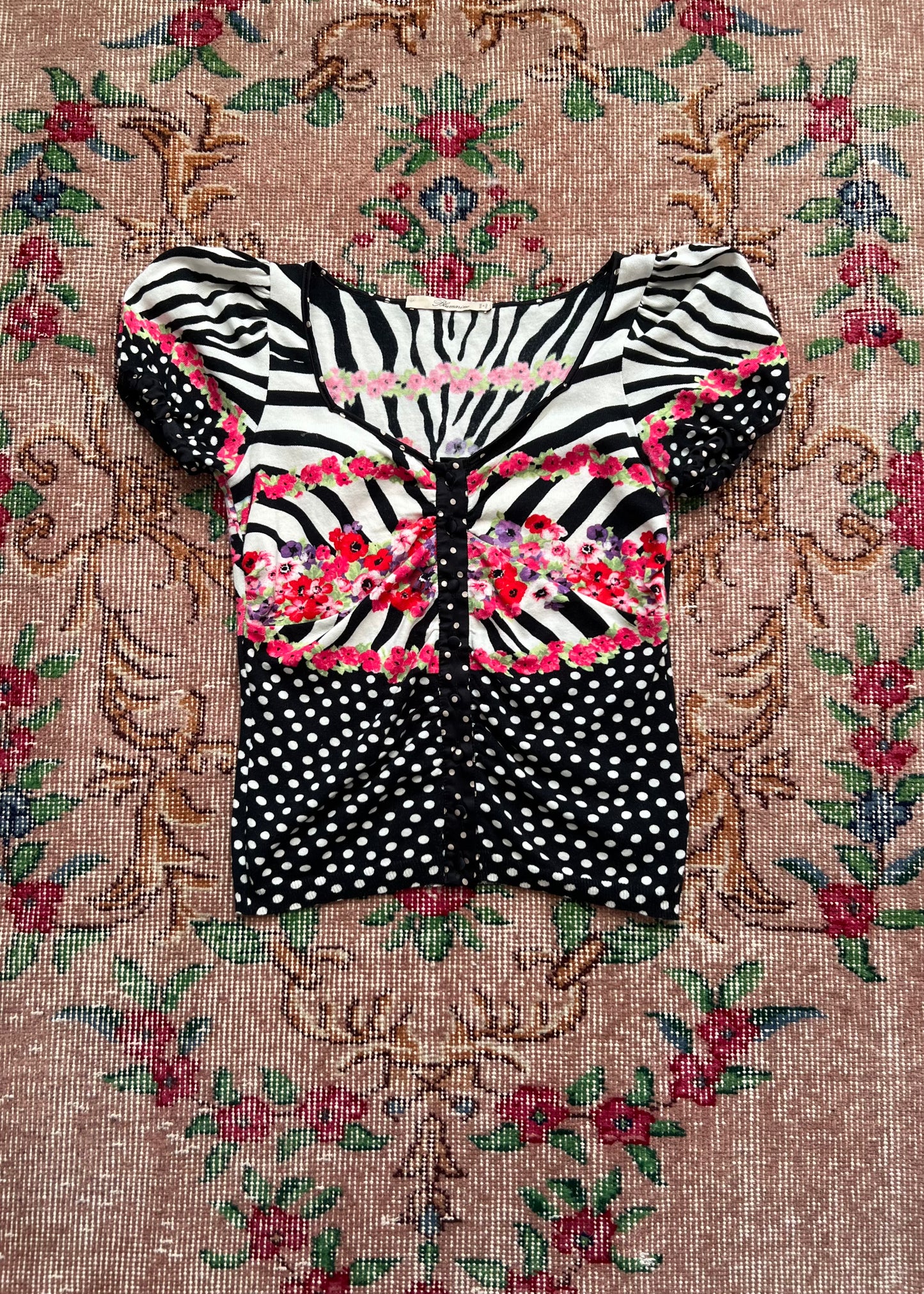 Blumarine Floral + Polka Dot Princess Sleeve Cardigan