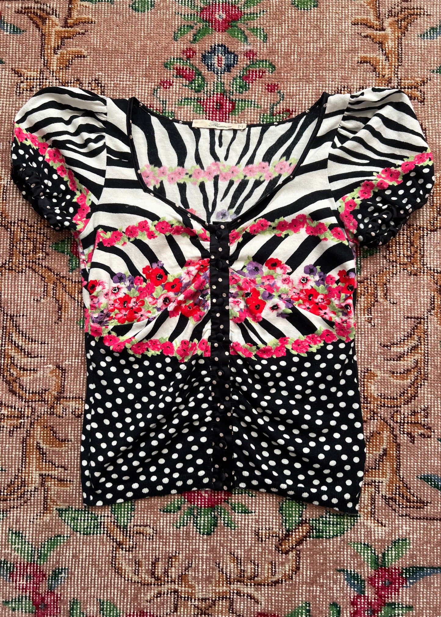 Blumarine Floral + Polka Dot Princess Sleeve Cardigan