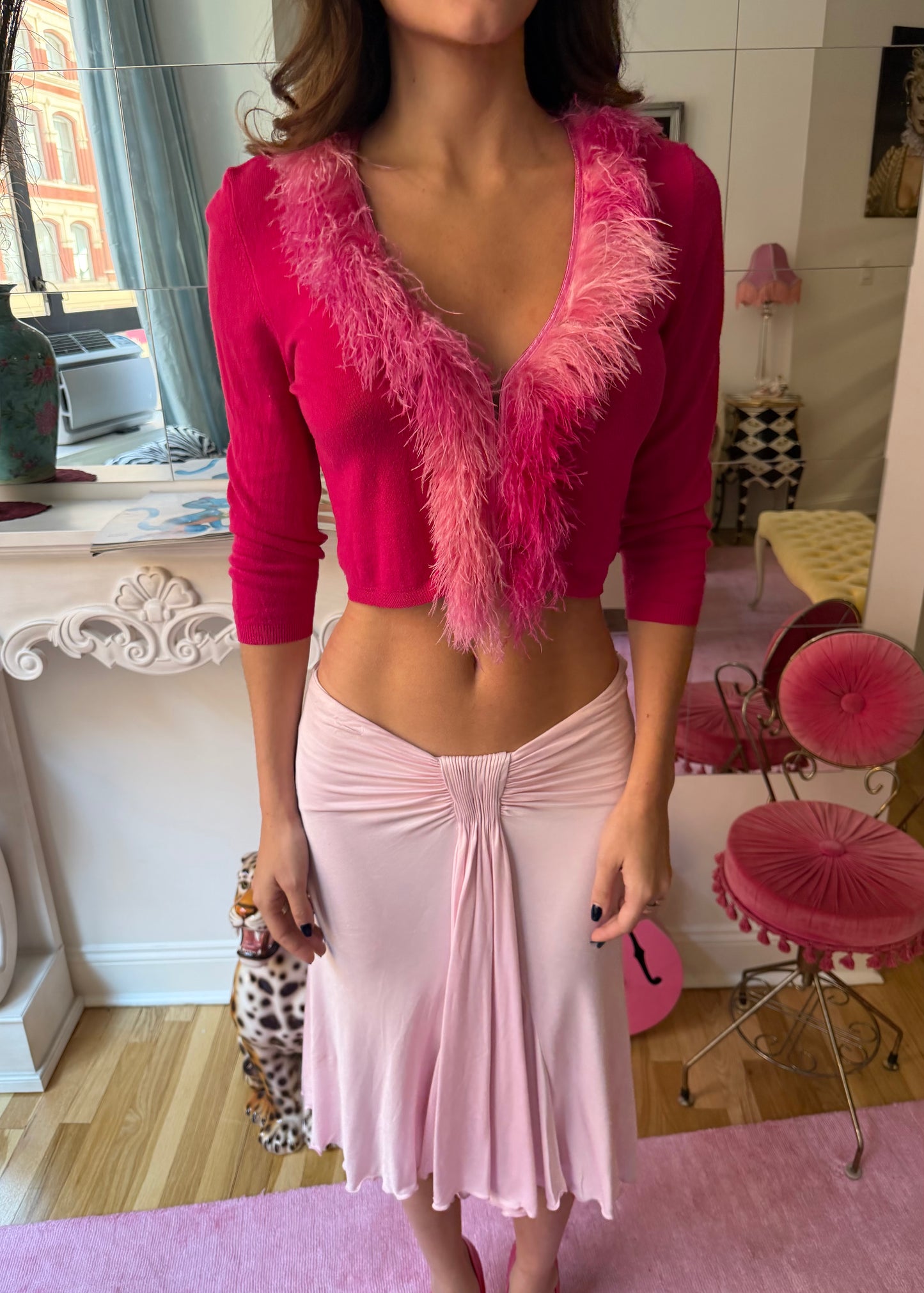Blumarine Cropped Feather Cardigan