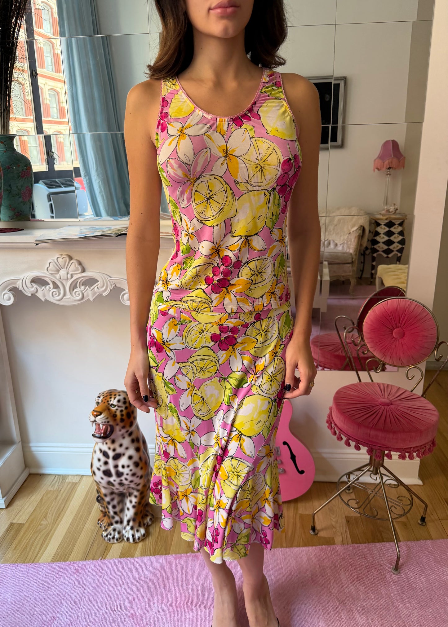 Blumarine 00s Fruit/Floral Printed Nylon Tank & Skirt Set