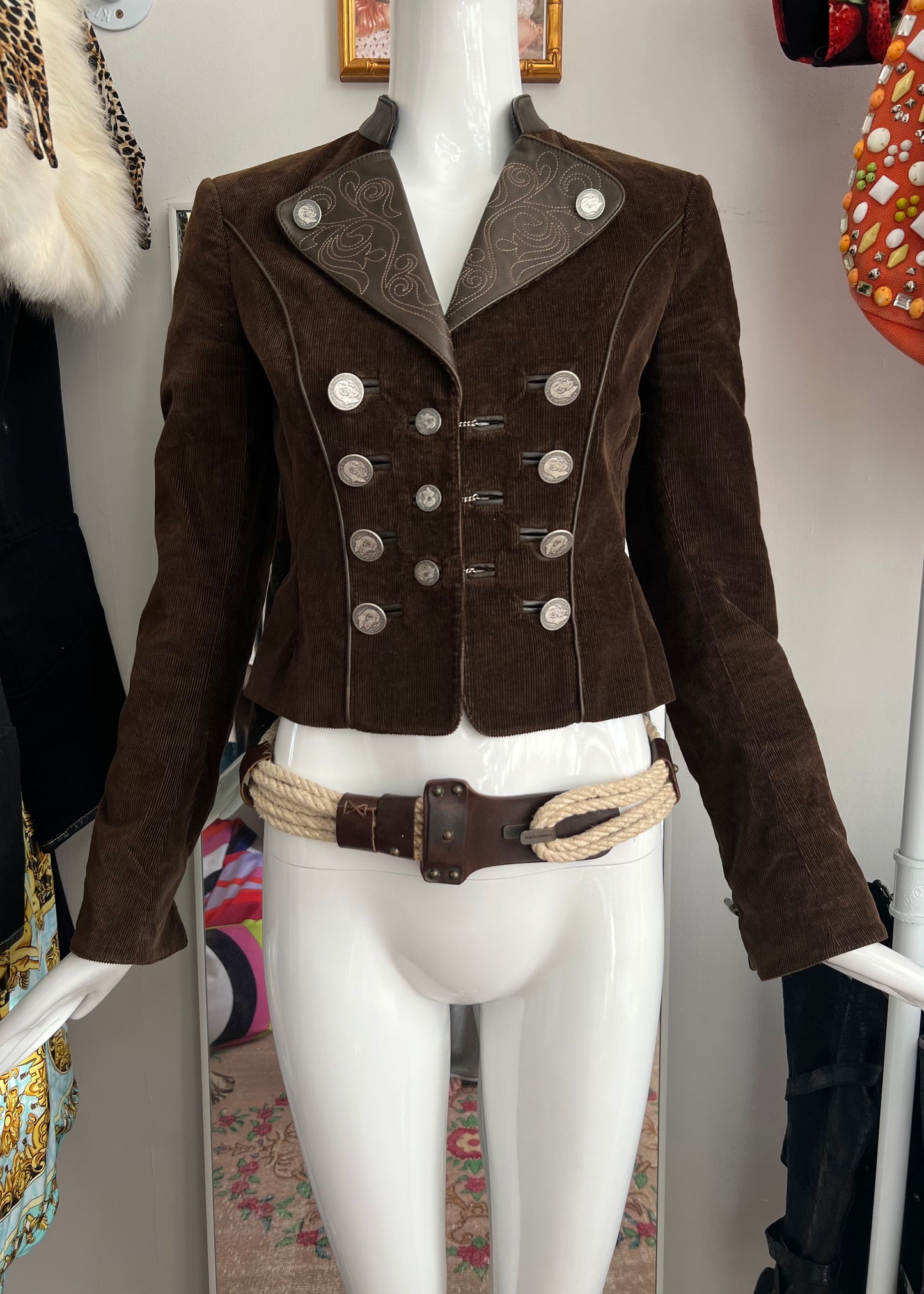 Dolce & Gabbana FW2002 Cropped Corduroy Coin Jacket & Rope Belt