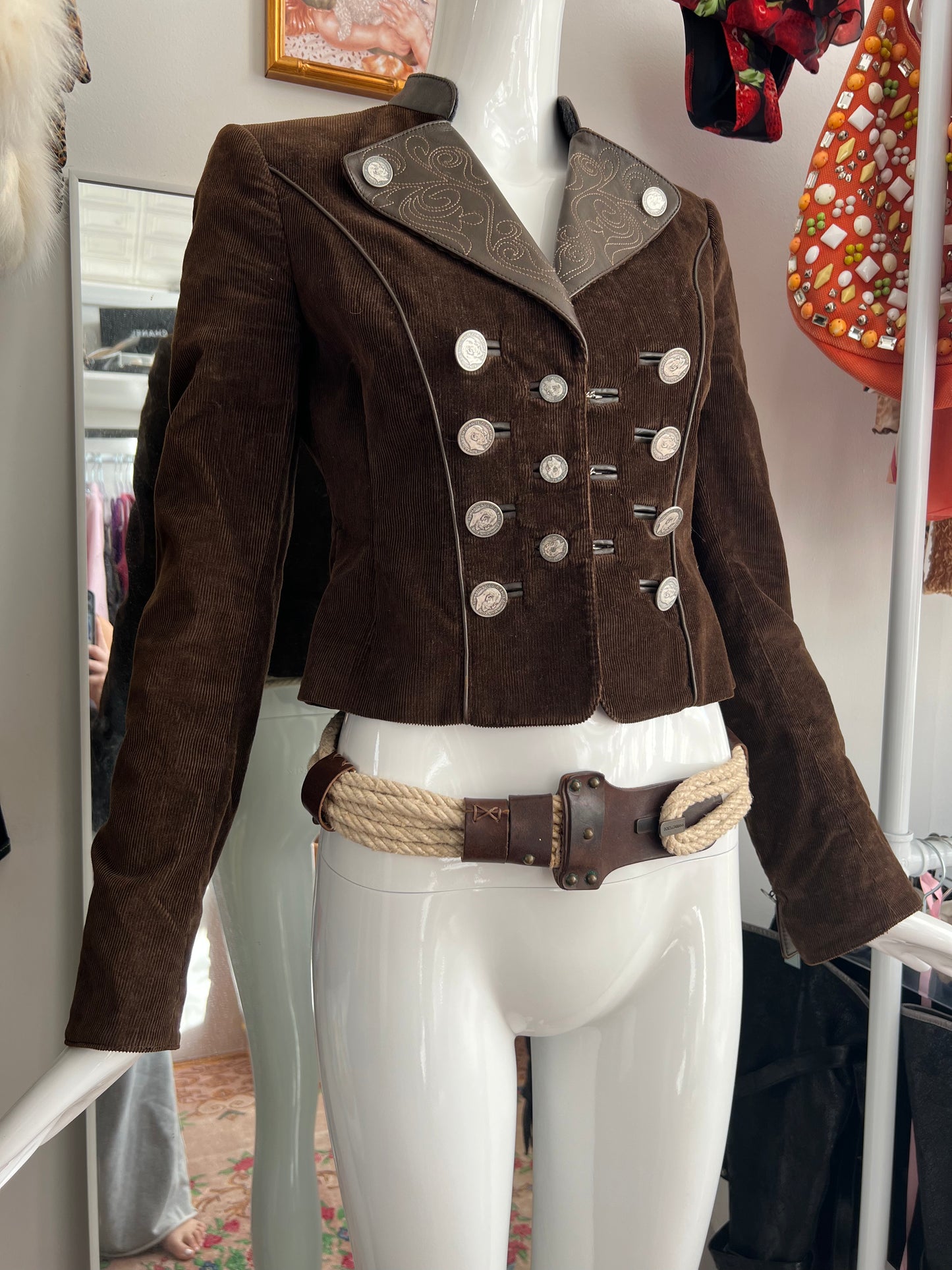 Dolce & Gabbana FW2002 Cropped Corduroy Coin Jacket & Rope Belt