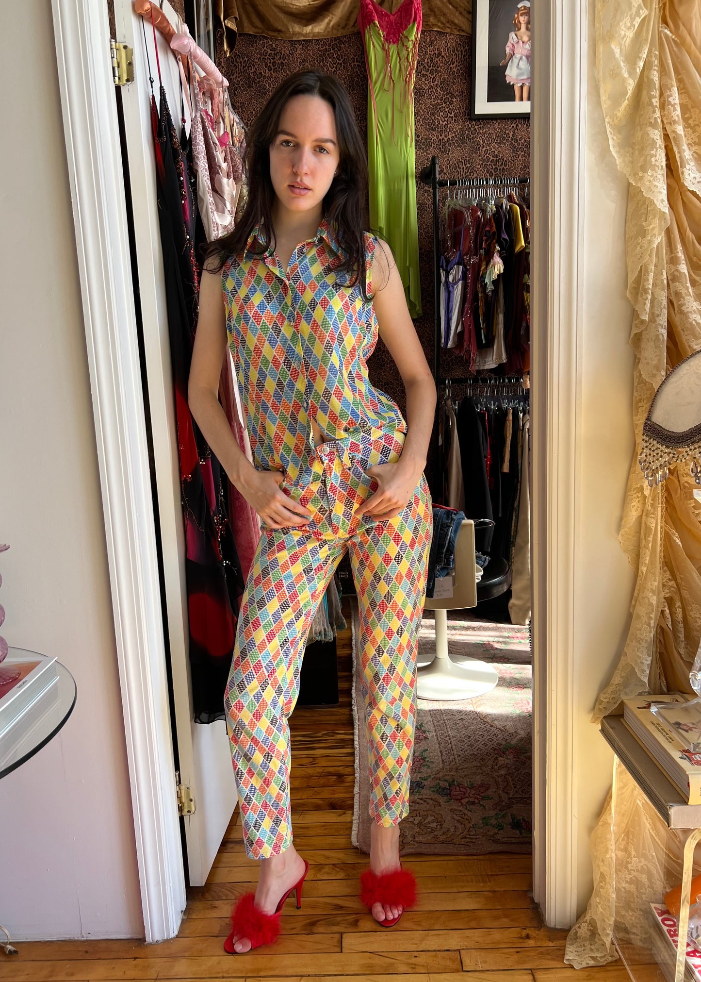 Versace SS1993 Harlequin Blouse and Jeans Set