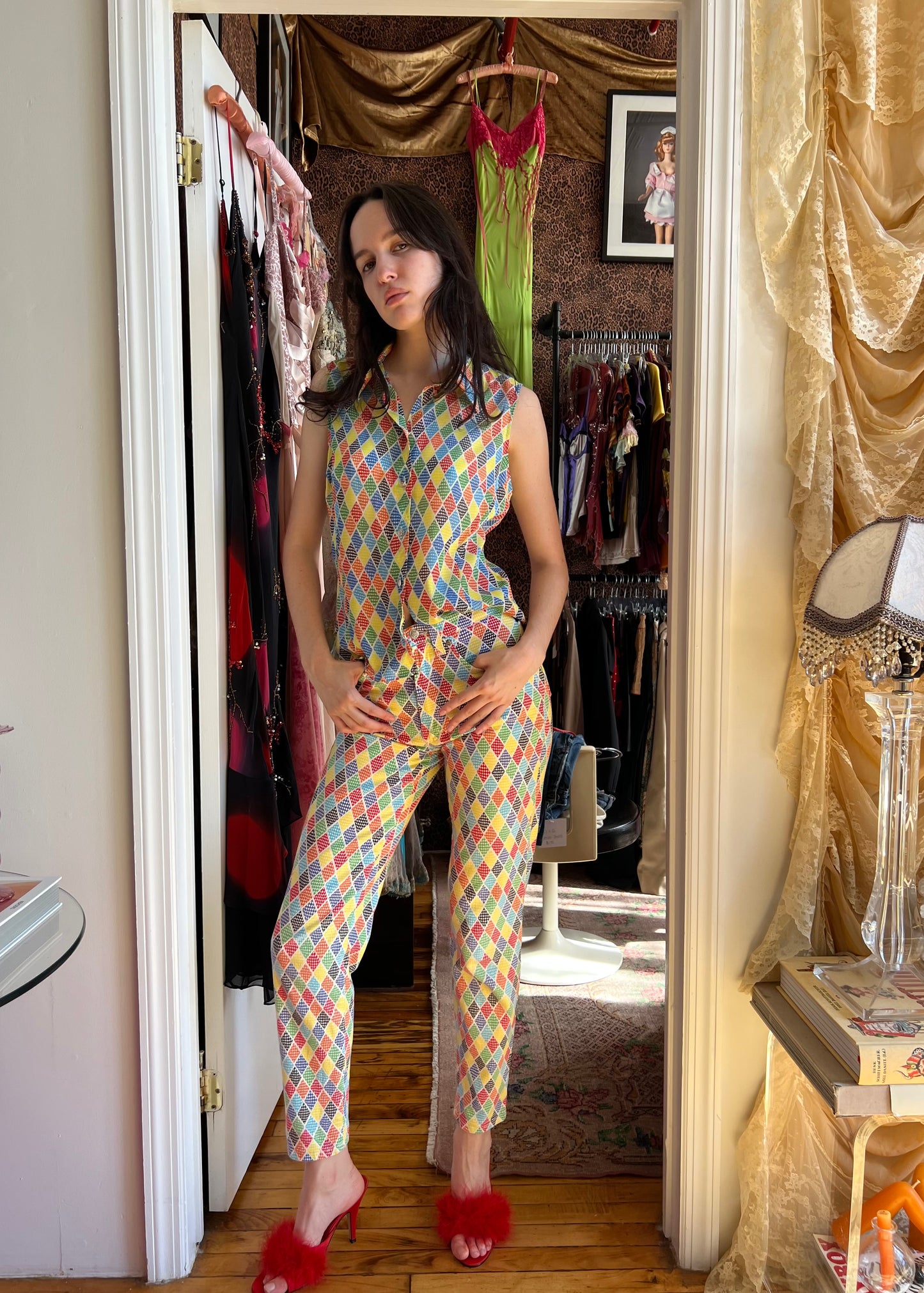 Versace SS1993 Harlequin Blouse and Jeans Set