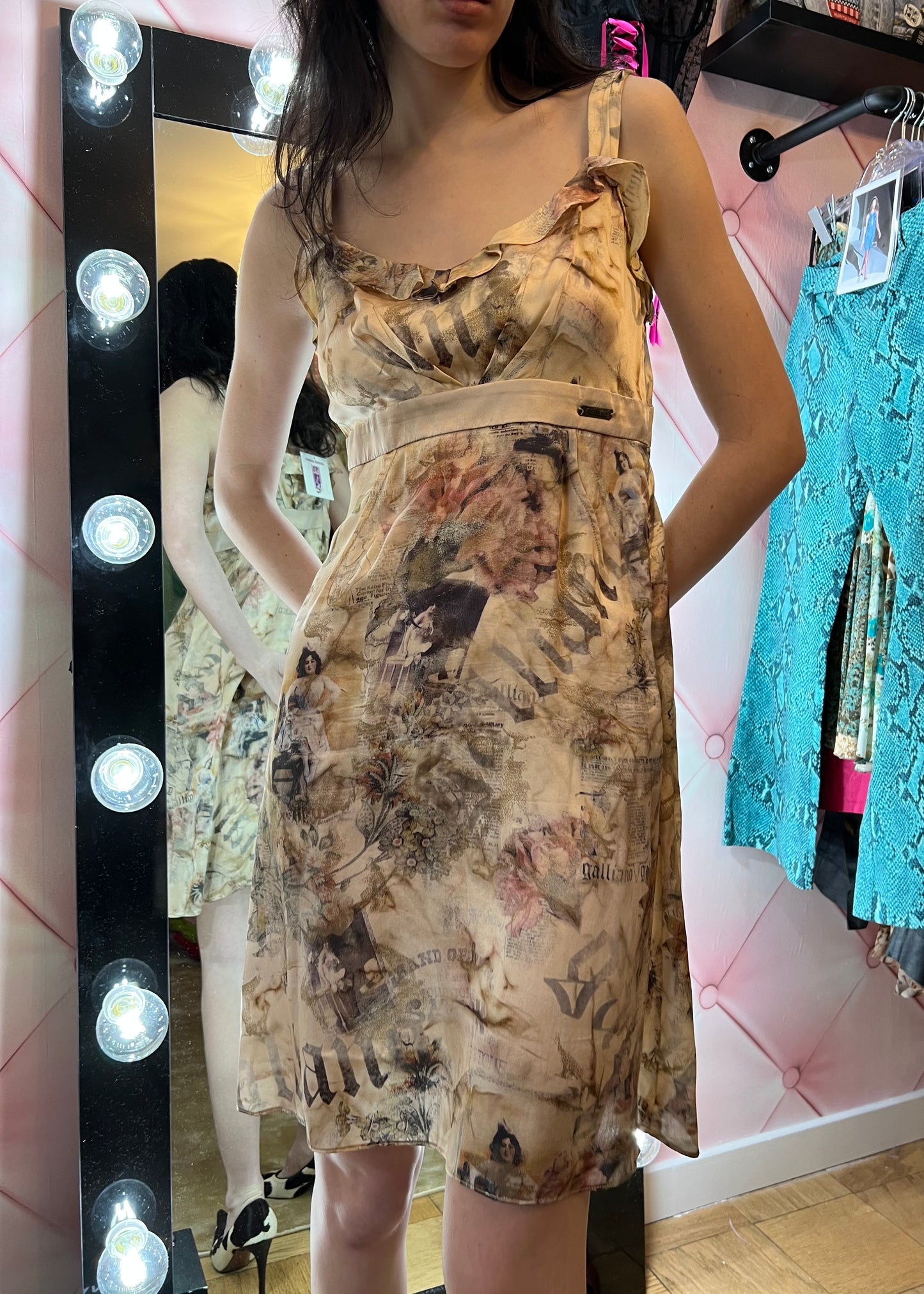 Galliano Silk Cherub & Newsprint Dress