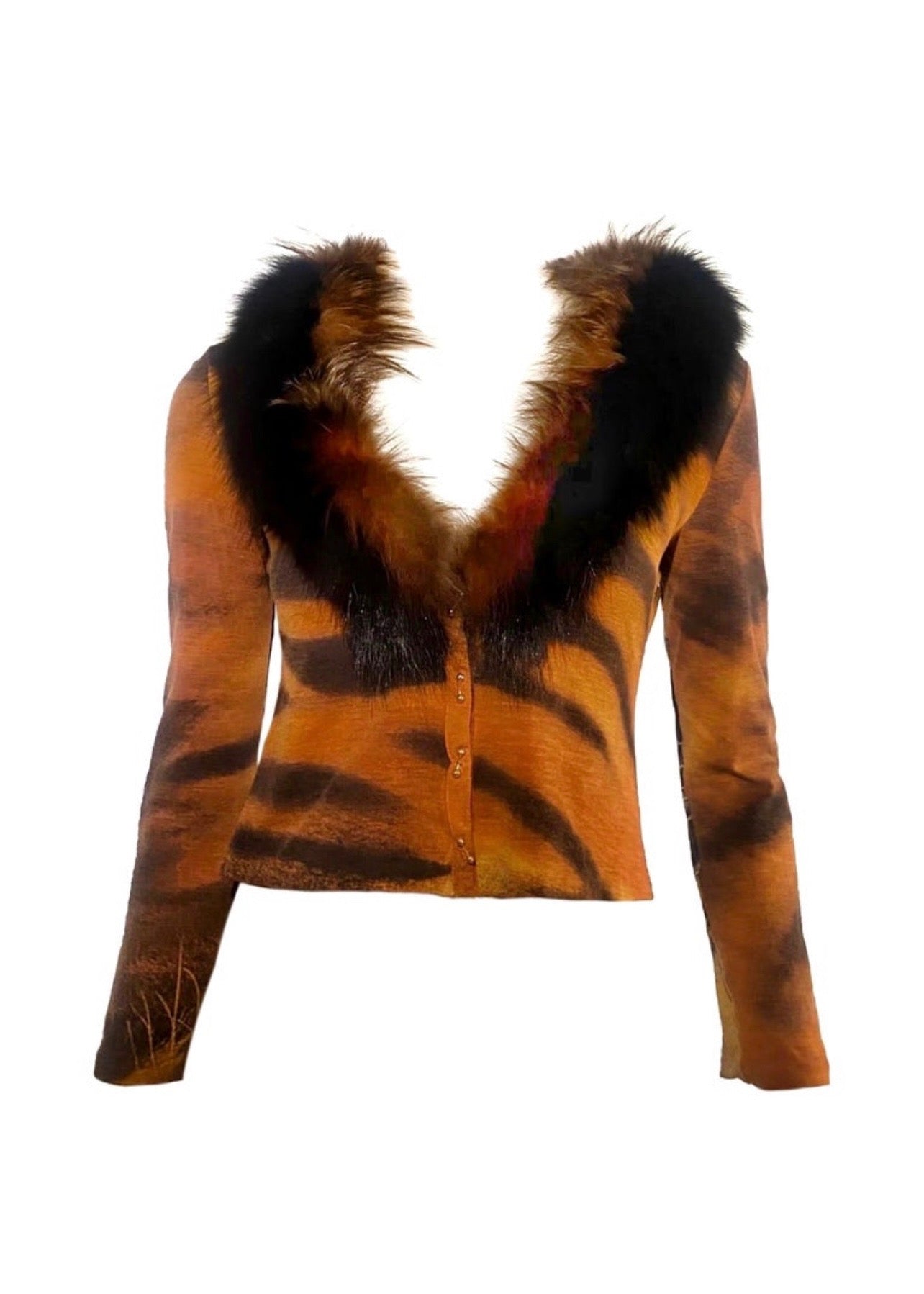 Roberto Cavalli FW2000 Tiger Fur Trim Cardigan
