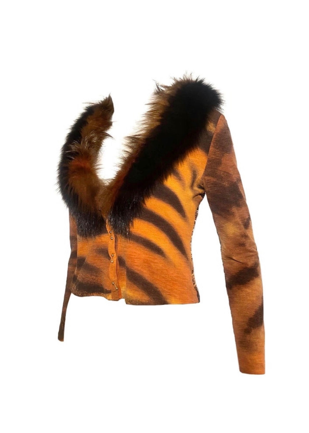Roberto Cavalli FW2000 Tiger Fur Trim Cardigan
