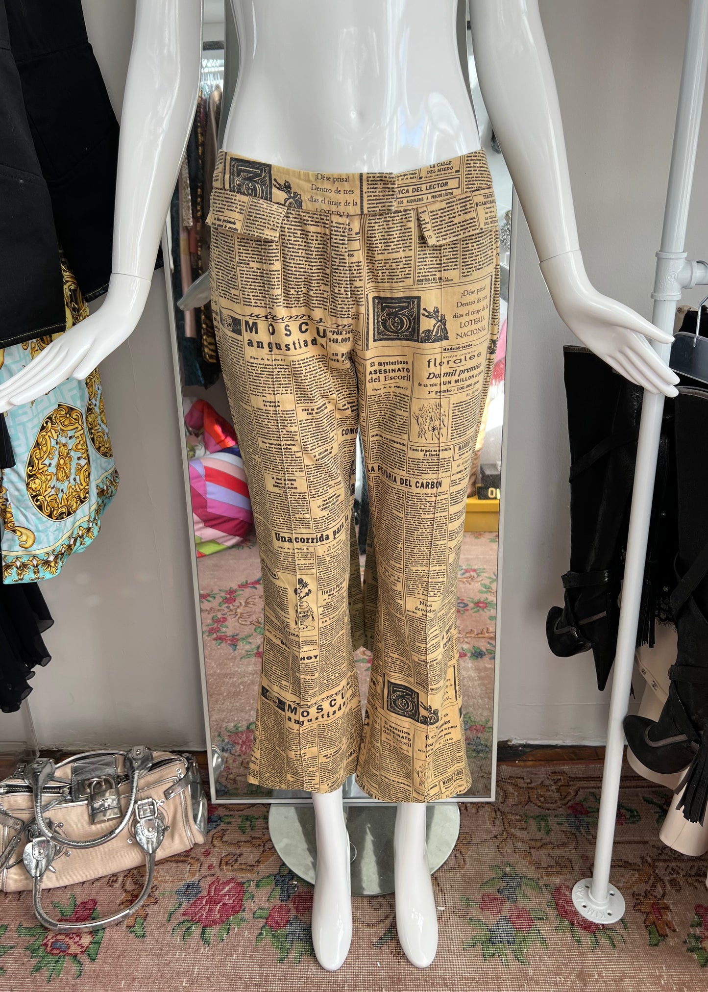 Galliano SS2001 Spanish Gazette Print Flare Pants