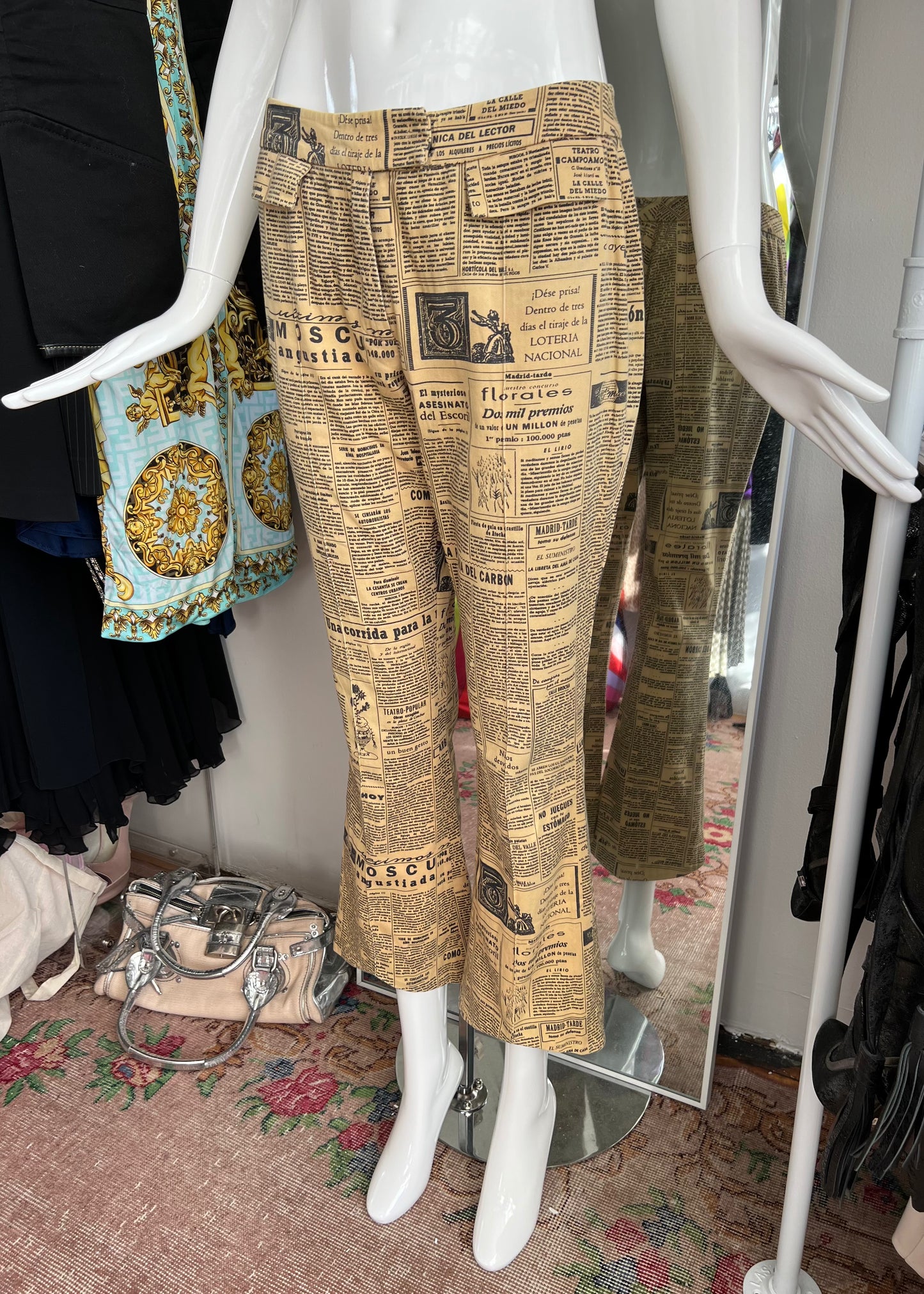 Galliano SS2001 Spanish Gazette Print Flare Pants