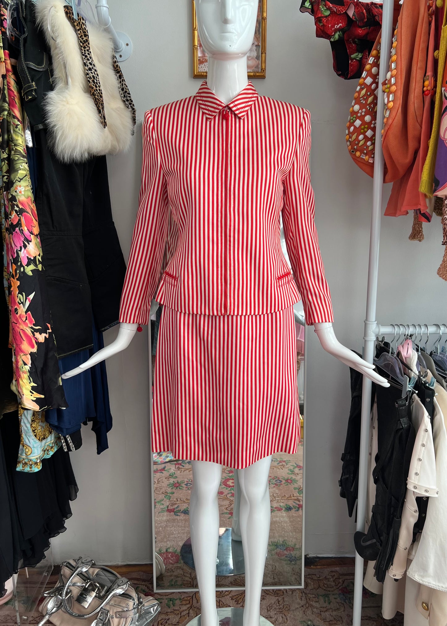 Gianni Versace Couture SS1993 Red/White Pinstripe Jacket and Skirt Set