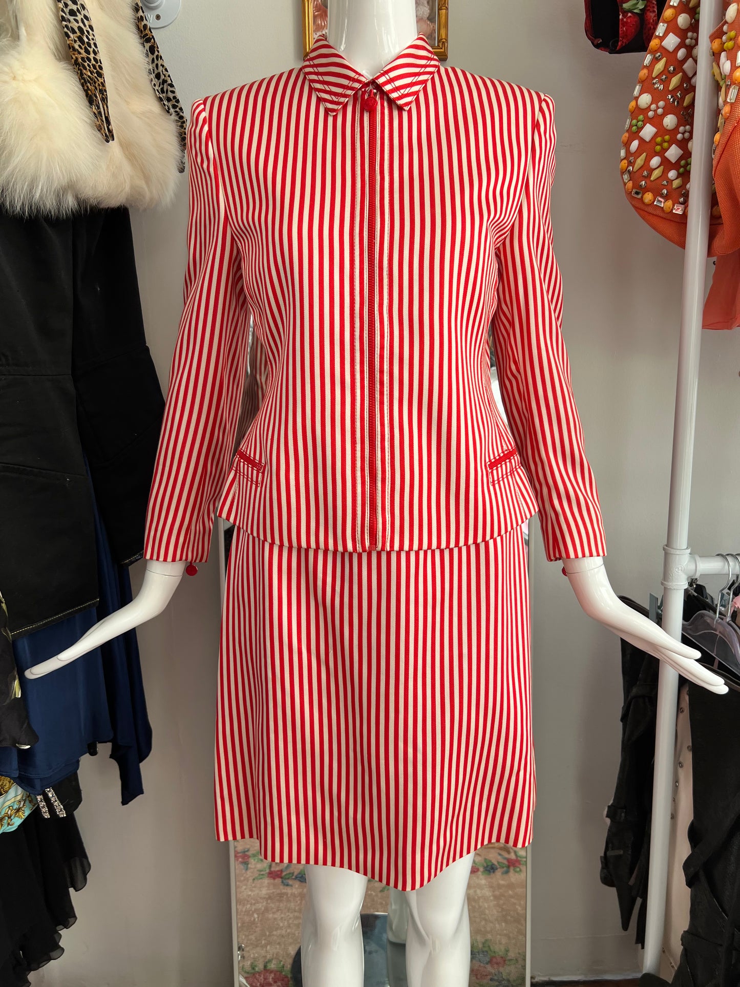 Gianni Versace Couture SS1993 Red/White Pinstripe Jacket and Skirt Set