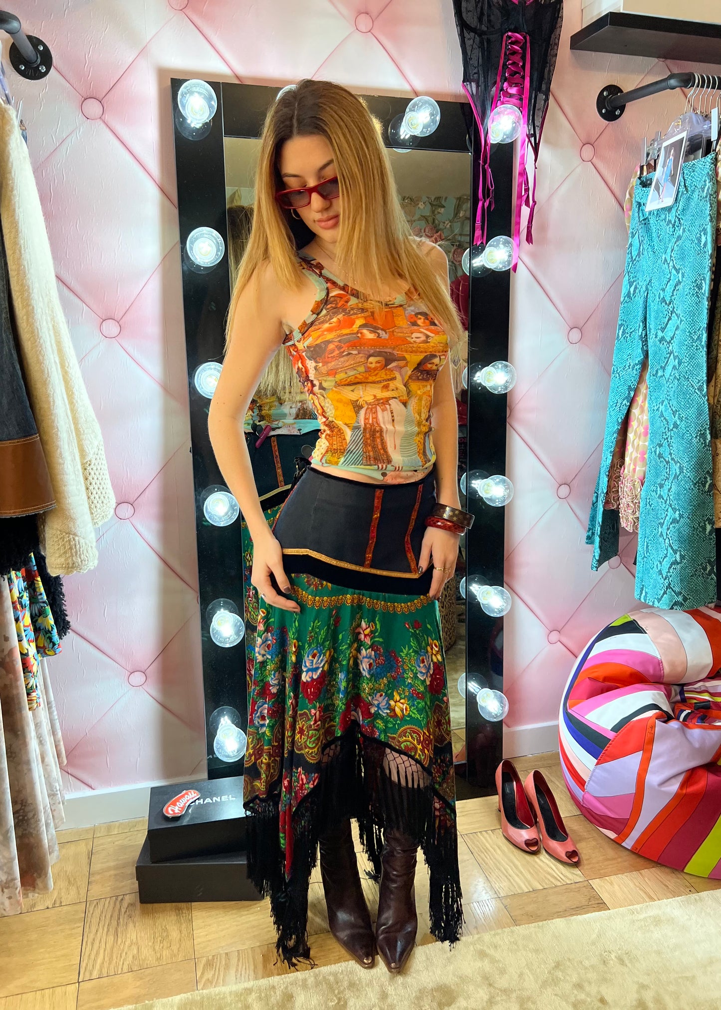 Voyage Fringe Printed Midi Skirt