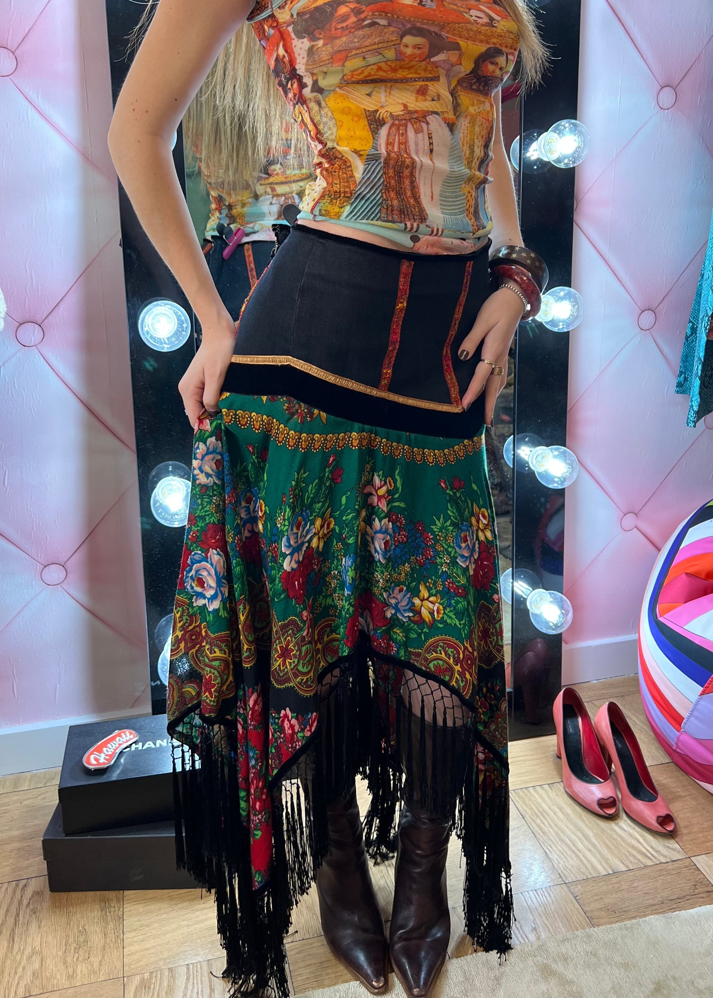 Voyage Fringe Printed Midi Skirt