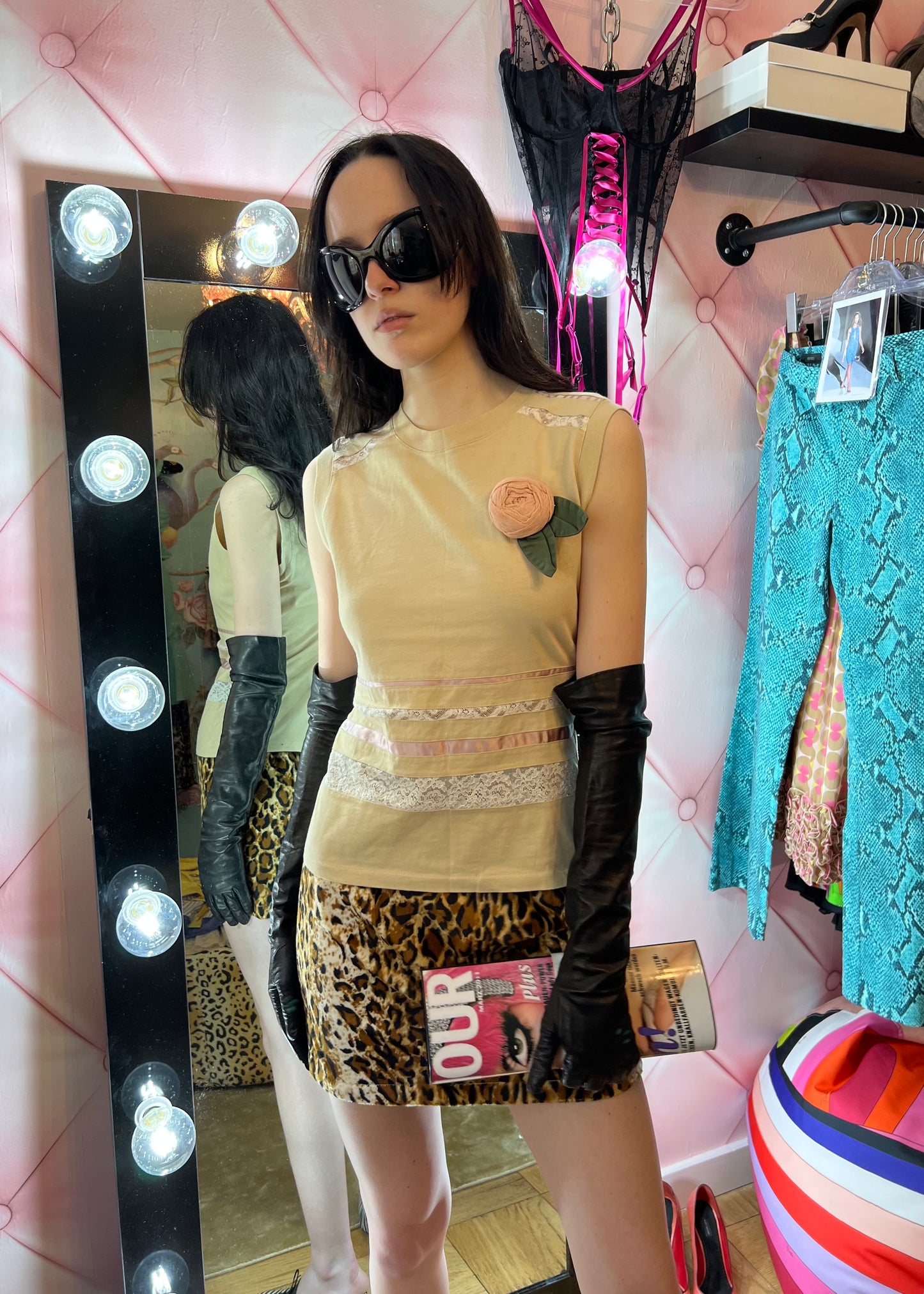 Galliano Lace & Satin Rosette Detail Tank