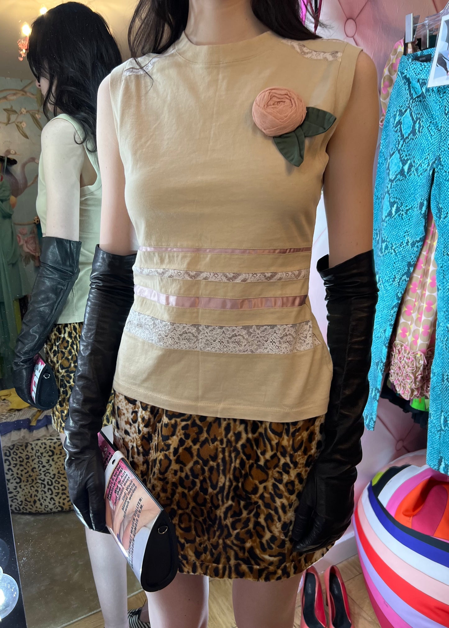 Galliano Lace & Satin Rosette Detail Tank