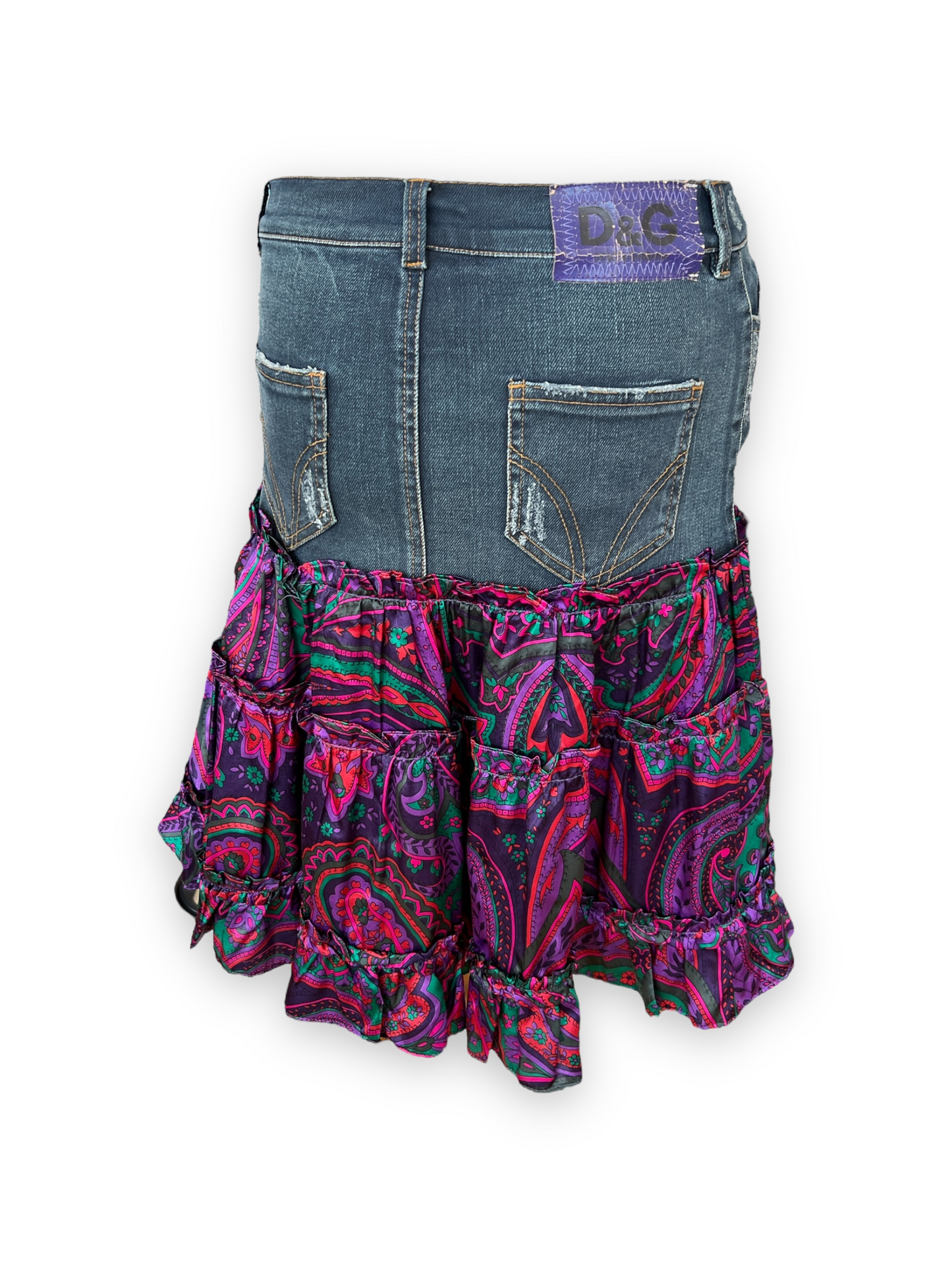 Dolce & Gabbana Denim & Silk Psychedelic Ruffle Skirt