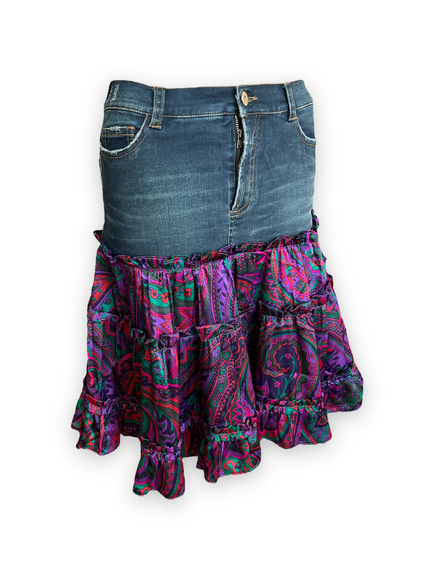Dolce & Gabbana Denim & Silk Psychedelic Ruffle Skirt