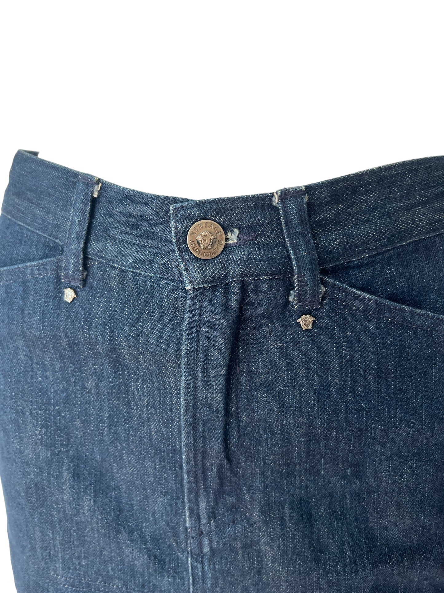 2000s Versace Jeans Couture Denim Skirt with Asymmetric Chiffon Hem