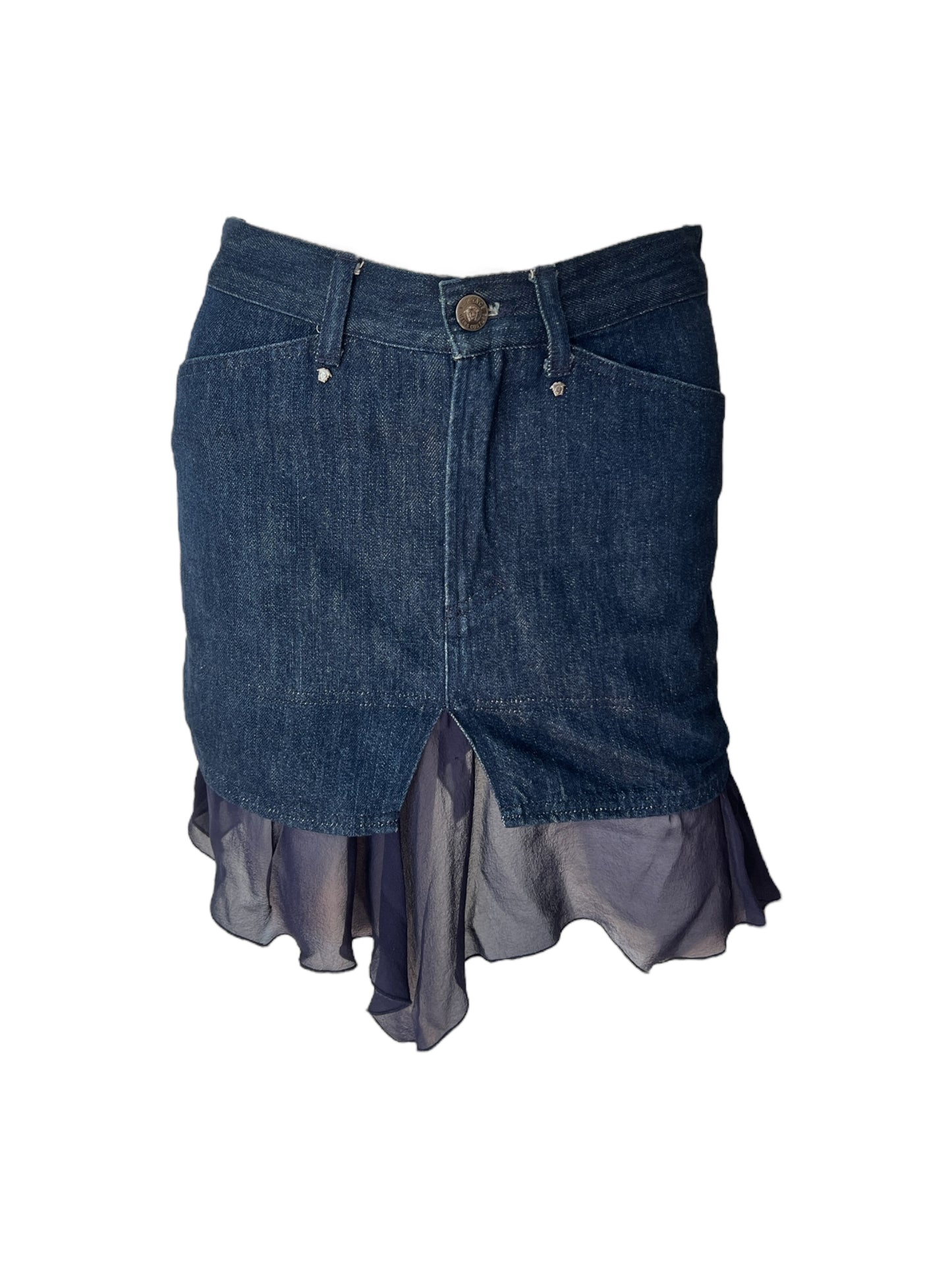 2000s Versace Jeans Couture Denim Skirt with Asymmetric Chiffon Hem