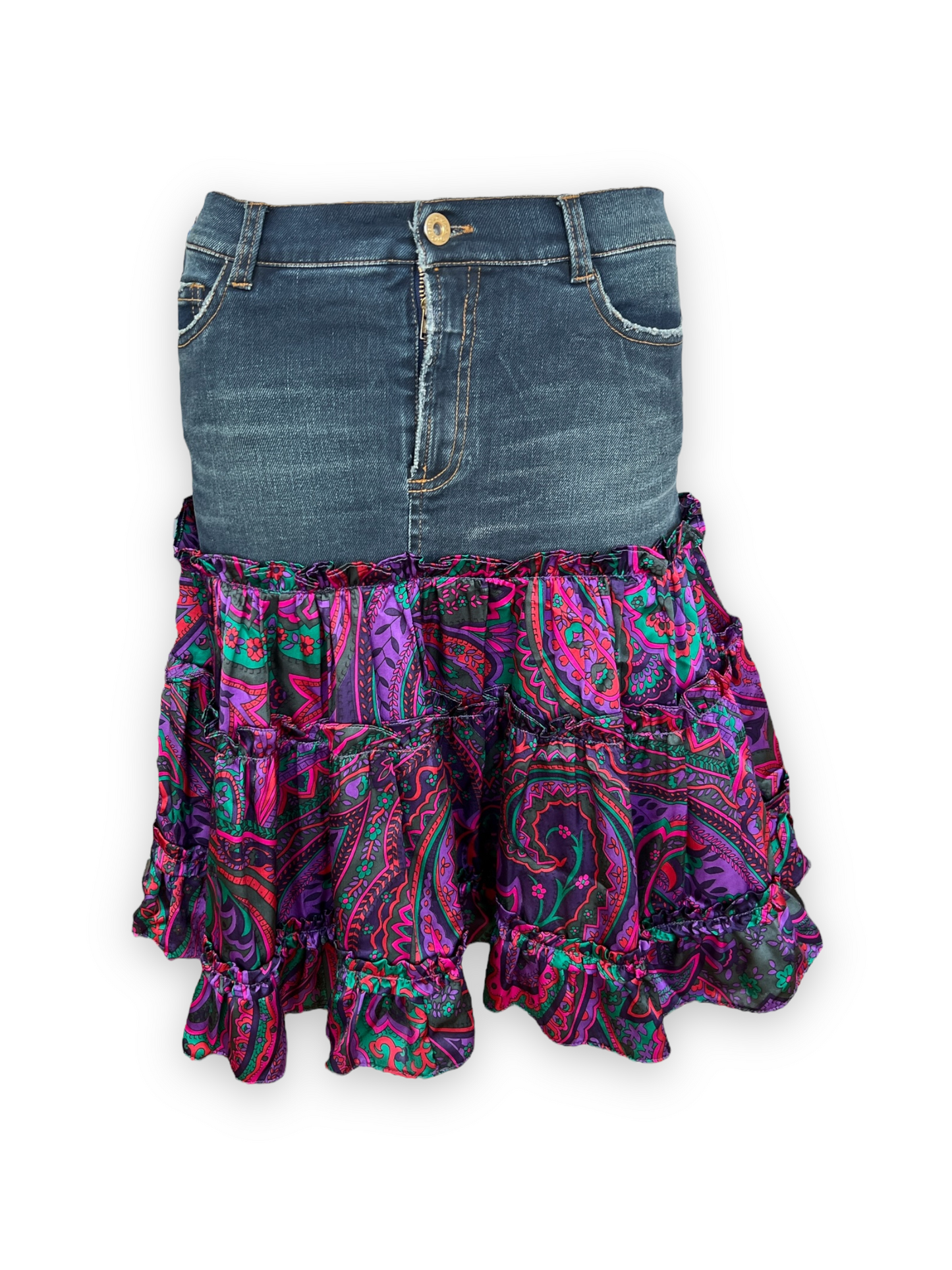 Dolce & Gabbana Denim & Silk Psychedelic Ruffle Skirt