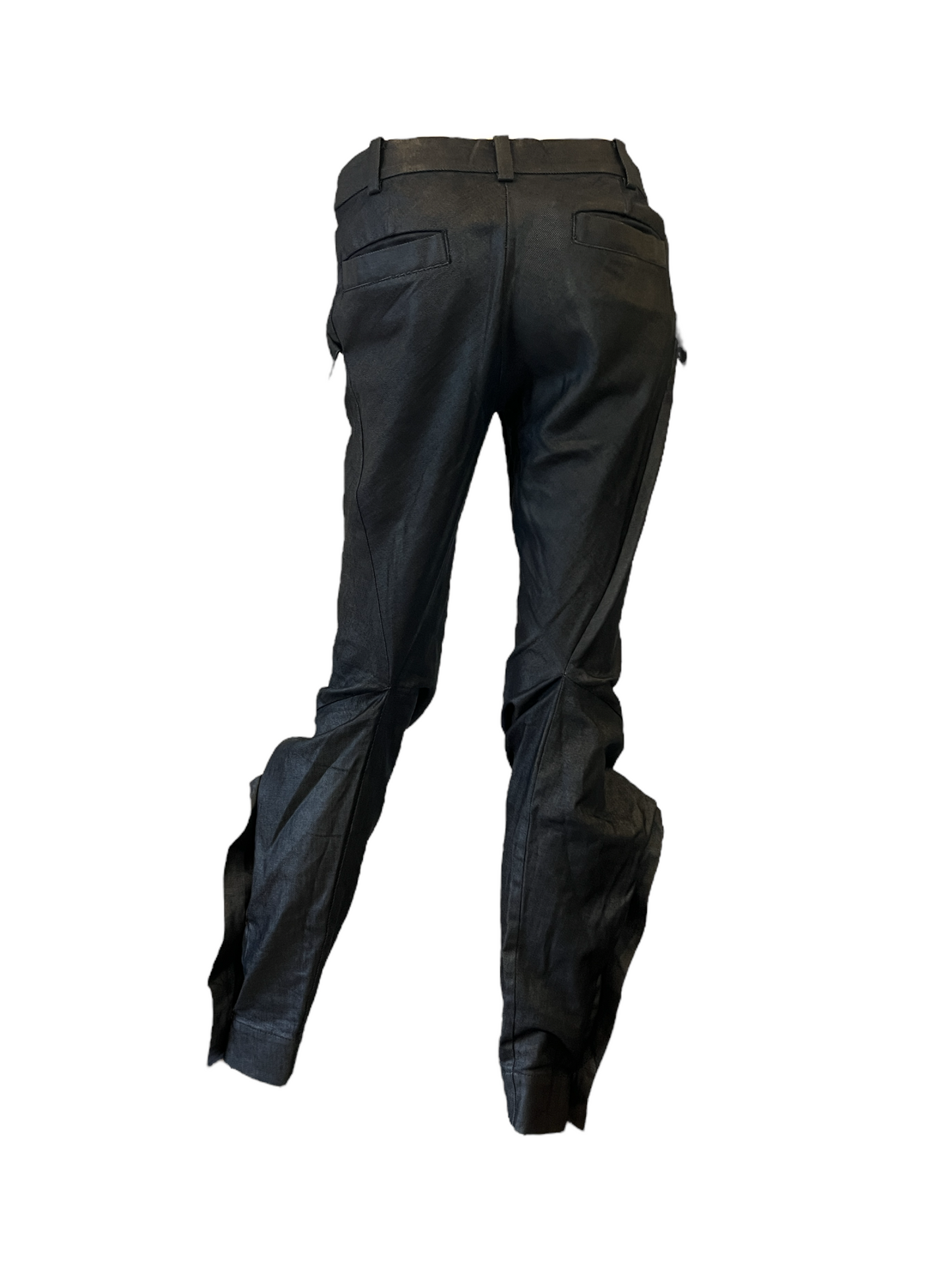 Vivienne Westwood Waxed Denim Articulated Low Rise Stacked Slacks with Button Hem