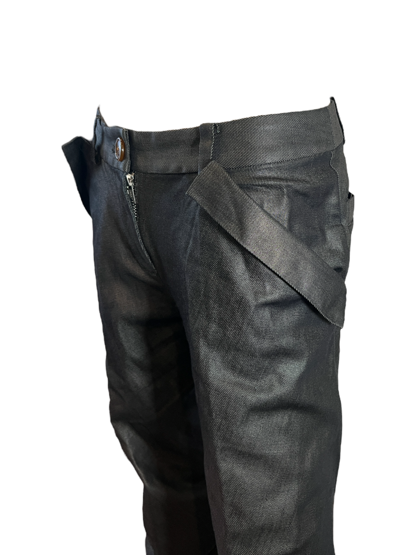 Vivienne Westwood Waxed Denim Articulated Low Rise Stacked Slacks with Button Hem