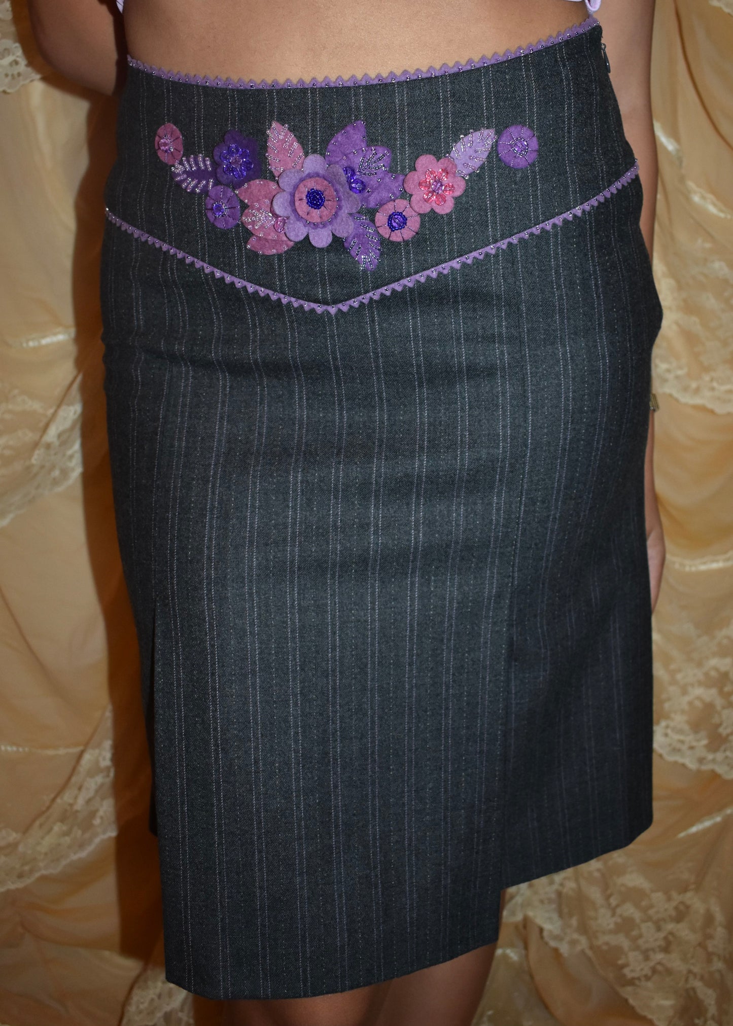 Moschino Cheap + Chic Gray Pinstripe Skirt with Beaded Floral Embellishments