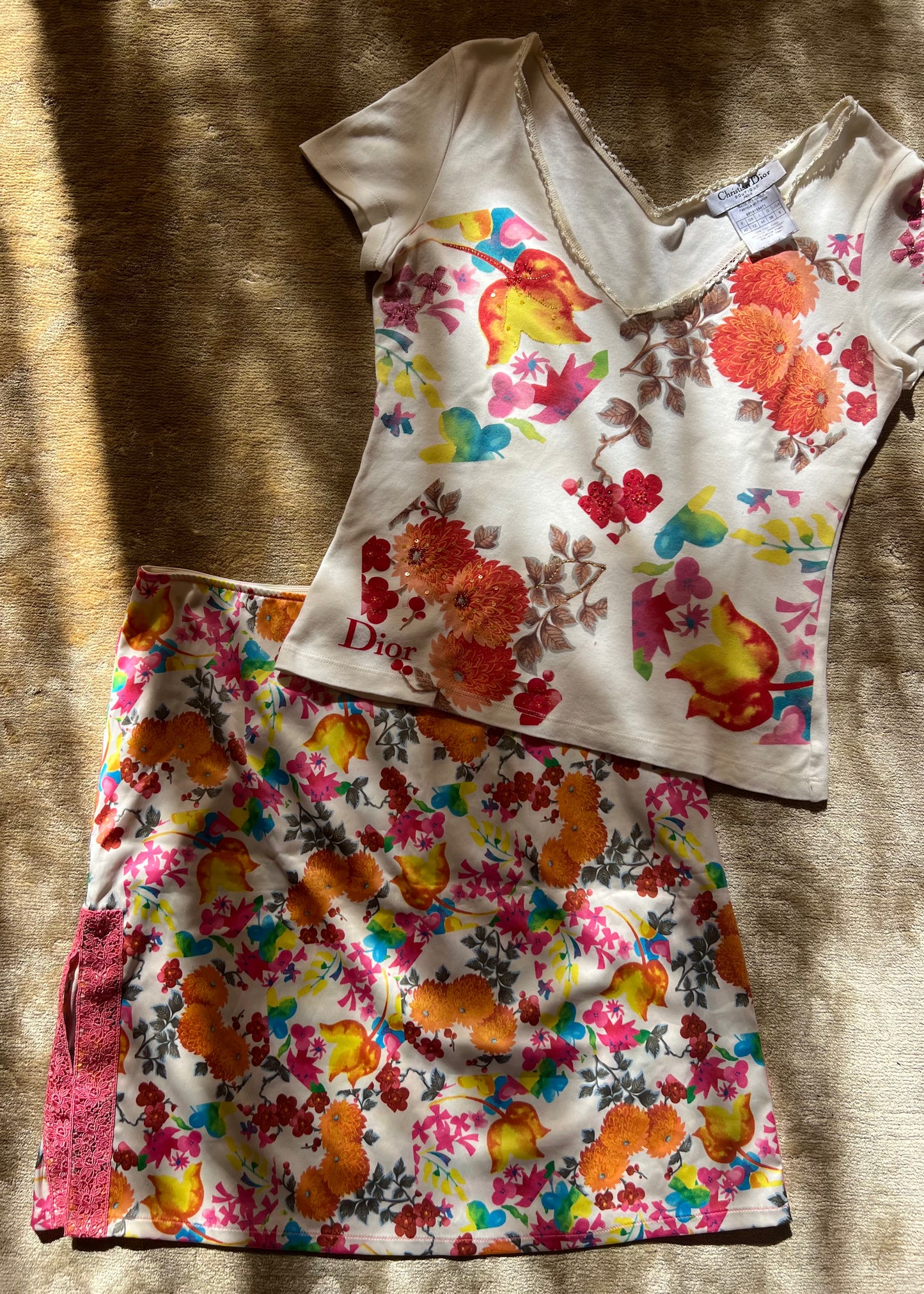Dior SS2006 Silk Floral Skirt & Embellished V-Neck Tee