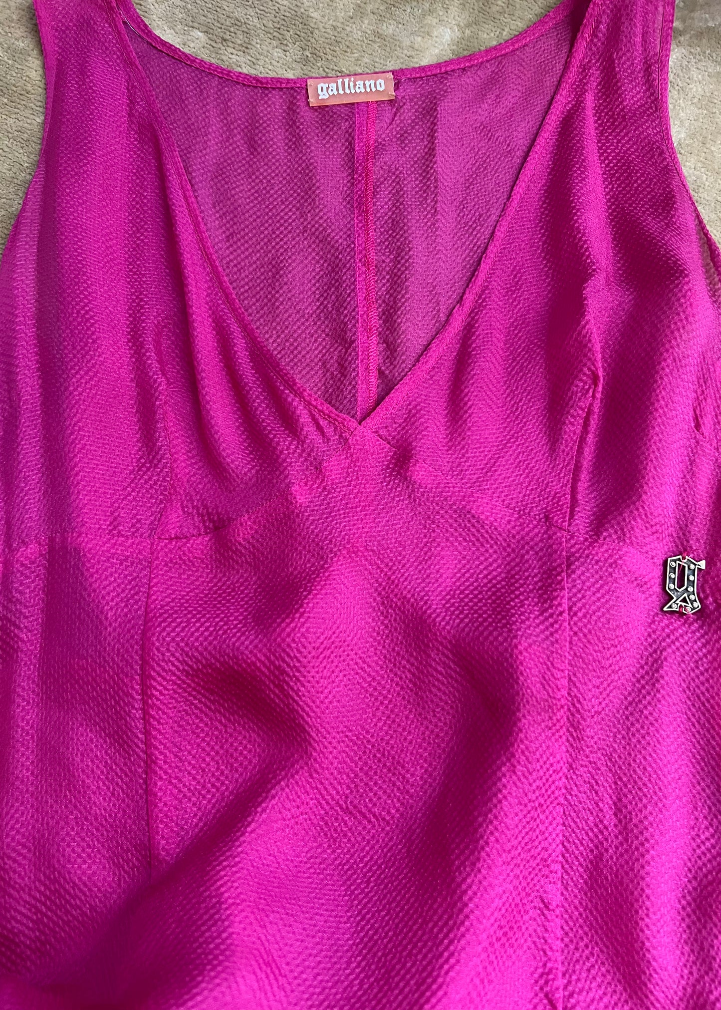 Galliano Hot Pink Sheer Silk Midi Dress