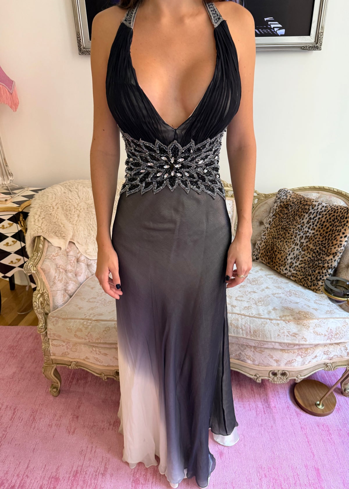 Vintage French Silk Embellished Ombre Plunge Gown