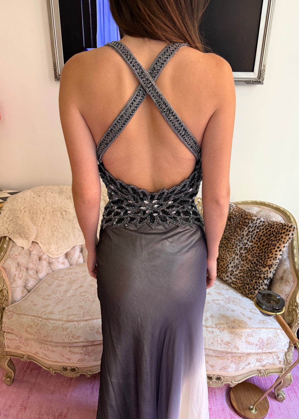 Vintage French Silk Embellished Ombre Plunge Gown