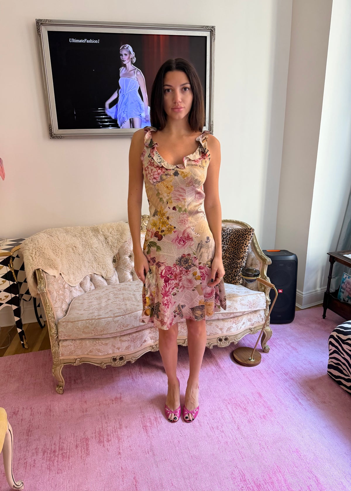 Galliano Newsprint Floral Silk Midi Dress
