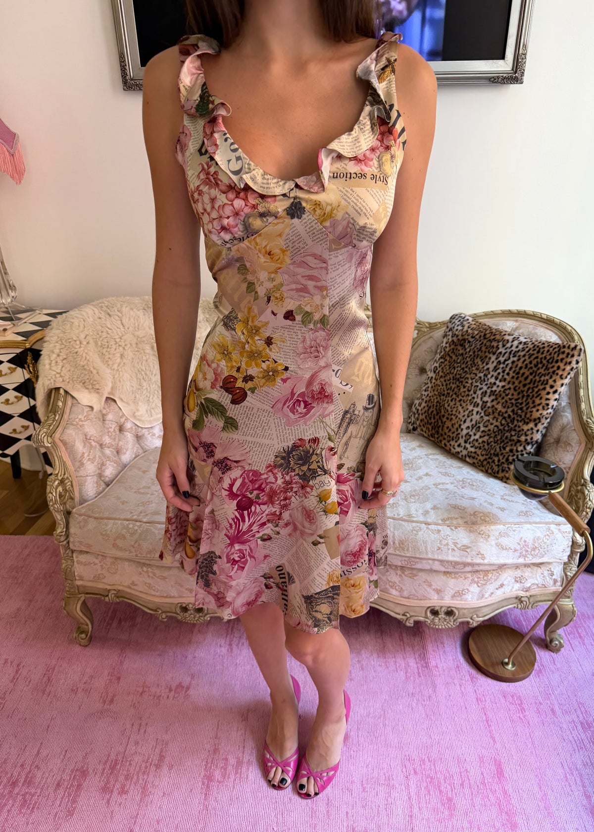 Galliano Newsprint Floral Silk Midi Dress