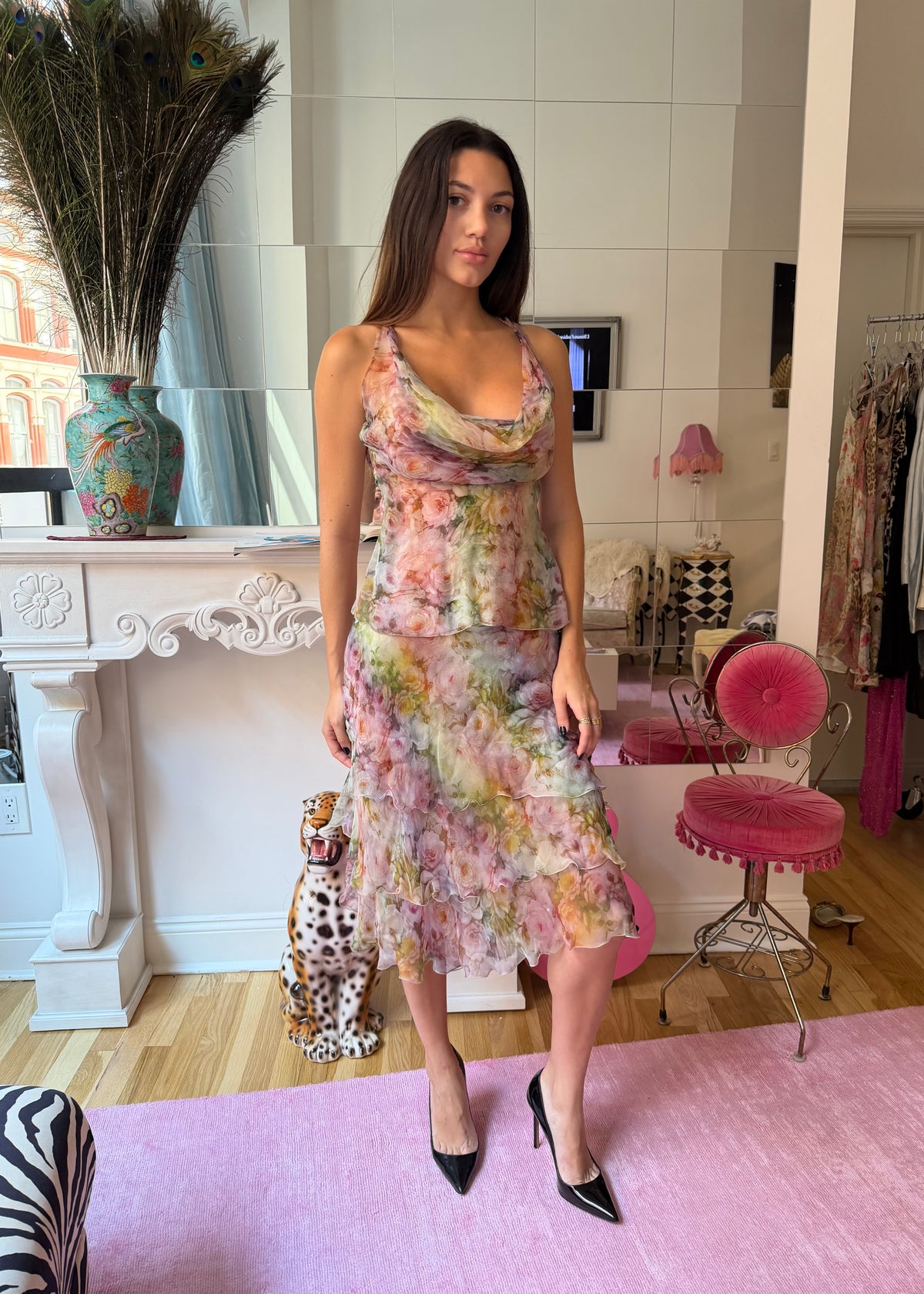 Valentino Rainbow Rose Print Silk Blouse & Skirt Set