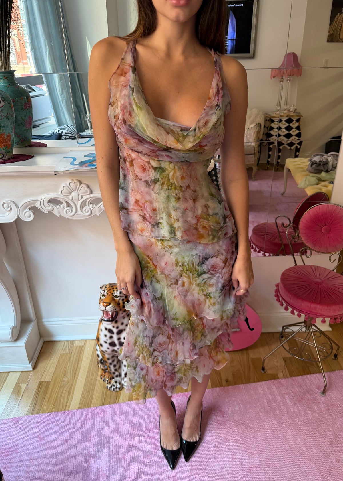 Valentino Rainbow Rose Print Silk Blouse & Skirt Set