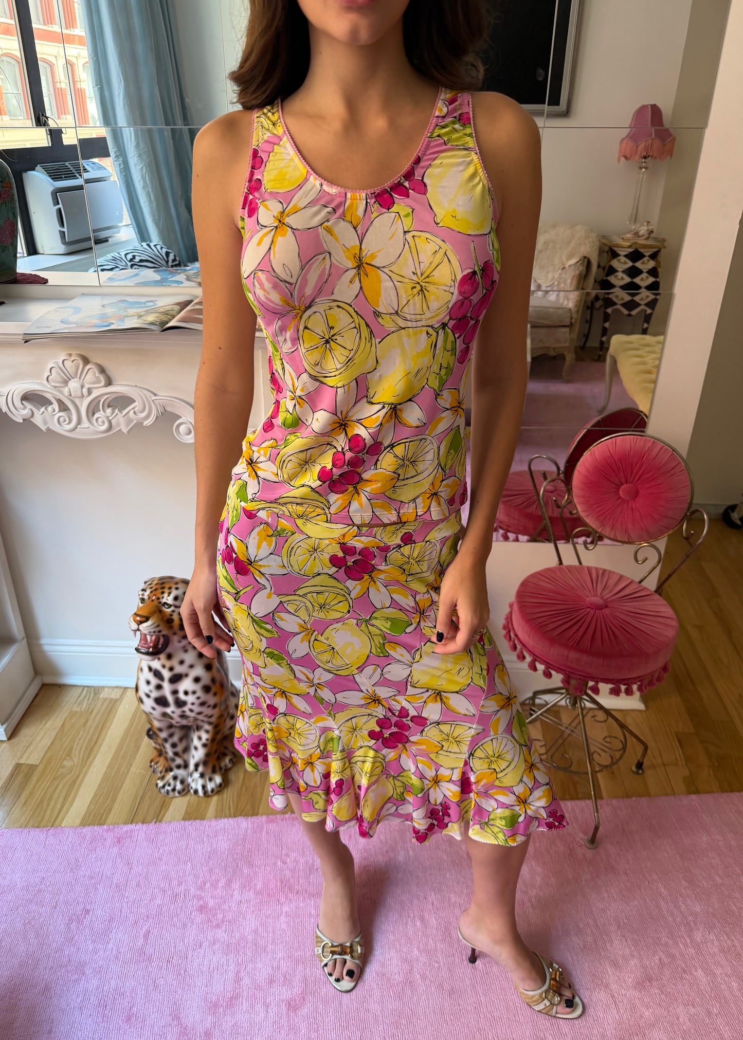 Blumarine 00s Fruit/Floral Printed Nylon Tank & Skirt Set