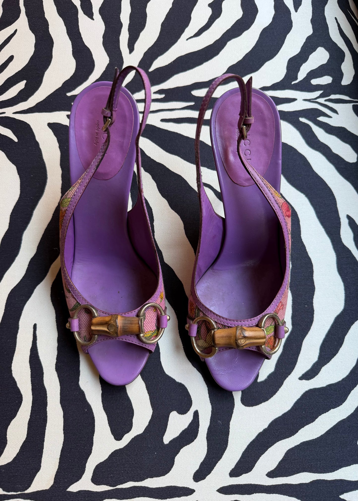 Gucci Horsebit Bamboo Floral Print Heels