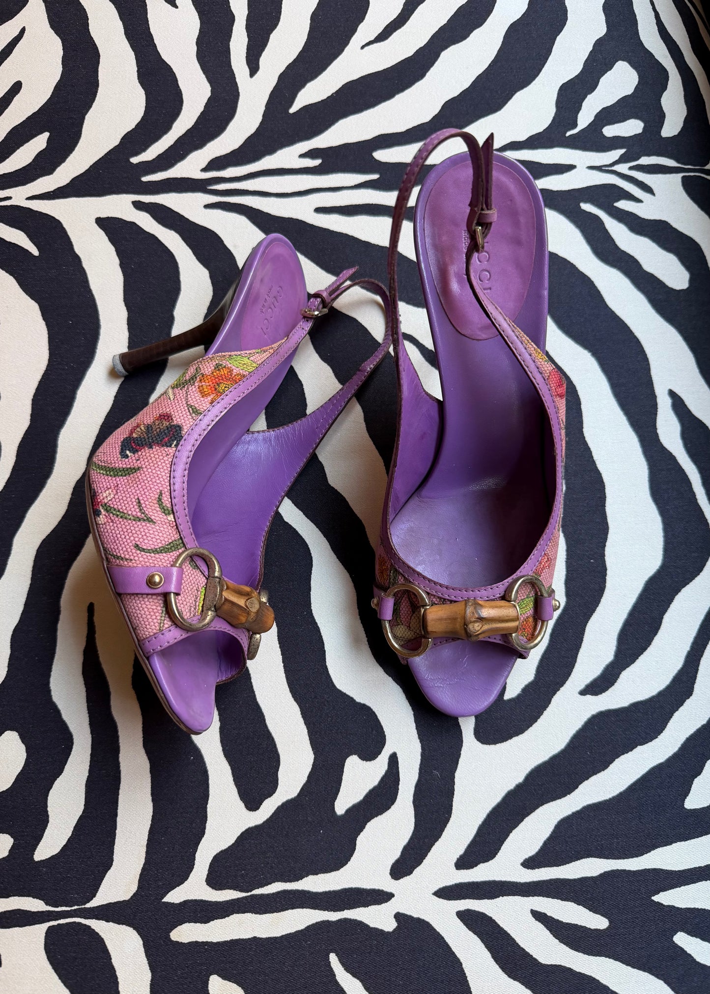Gucci Horsebit Bamboo Floral Print Heels