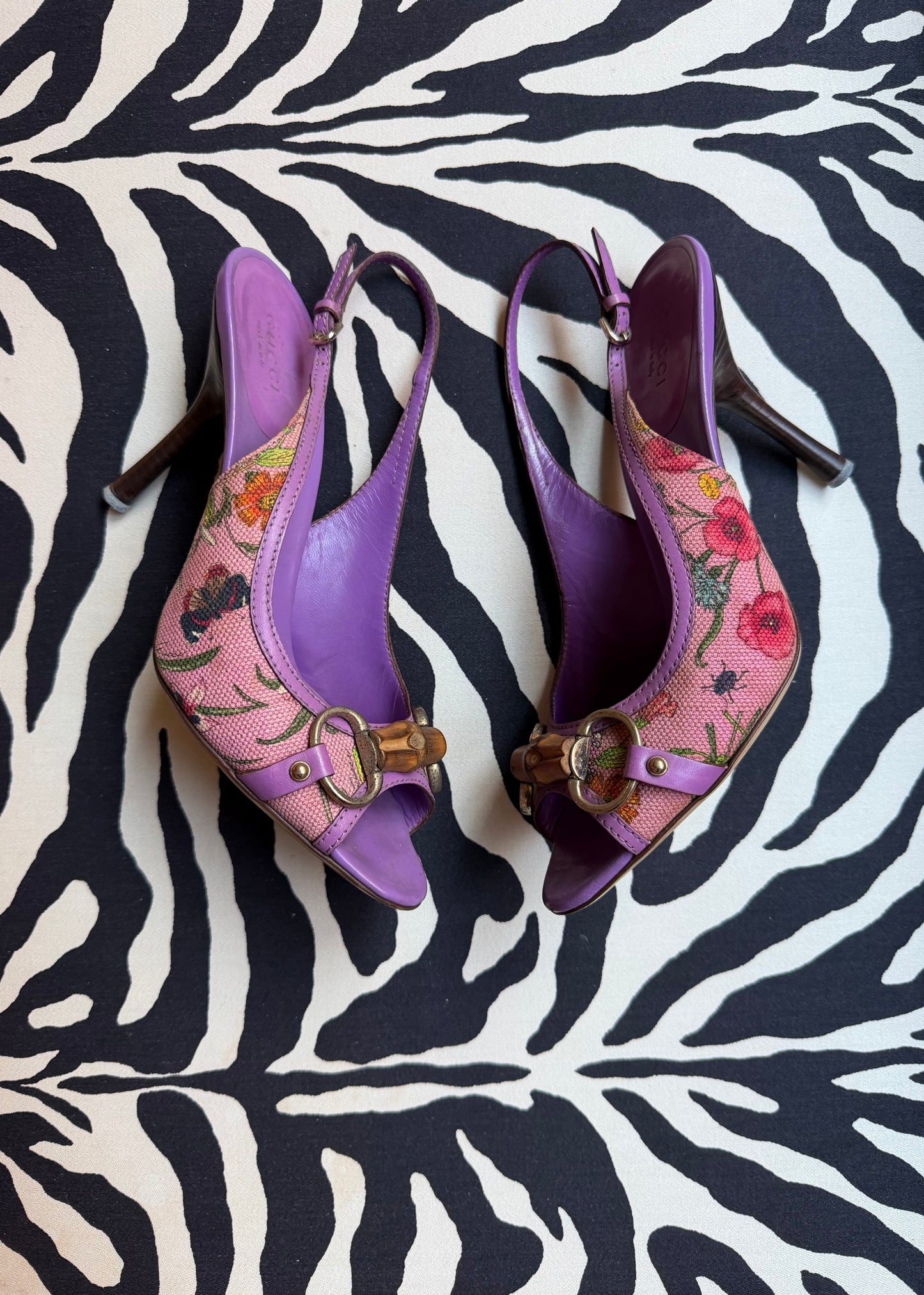 Gucci Horsebit Bamboo Floral Print Heels