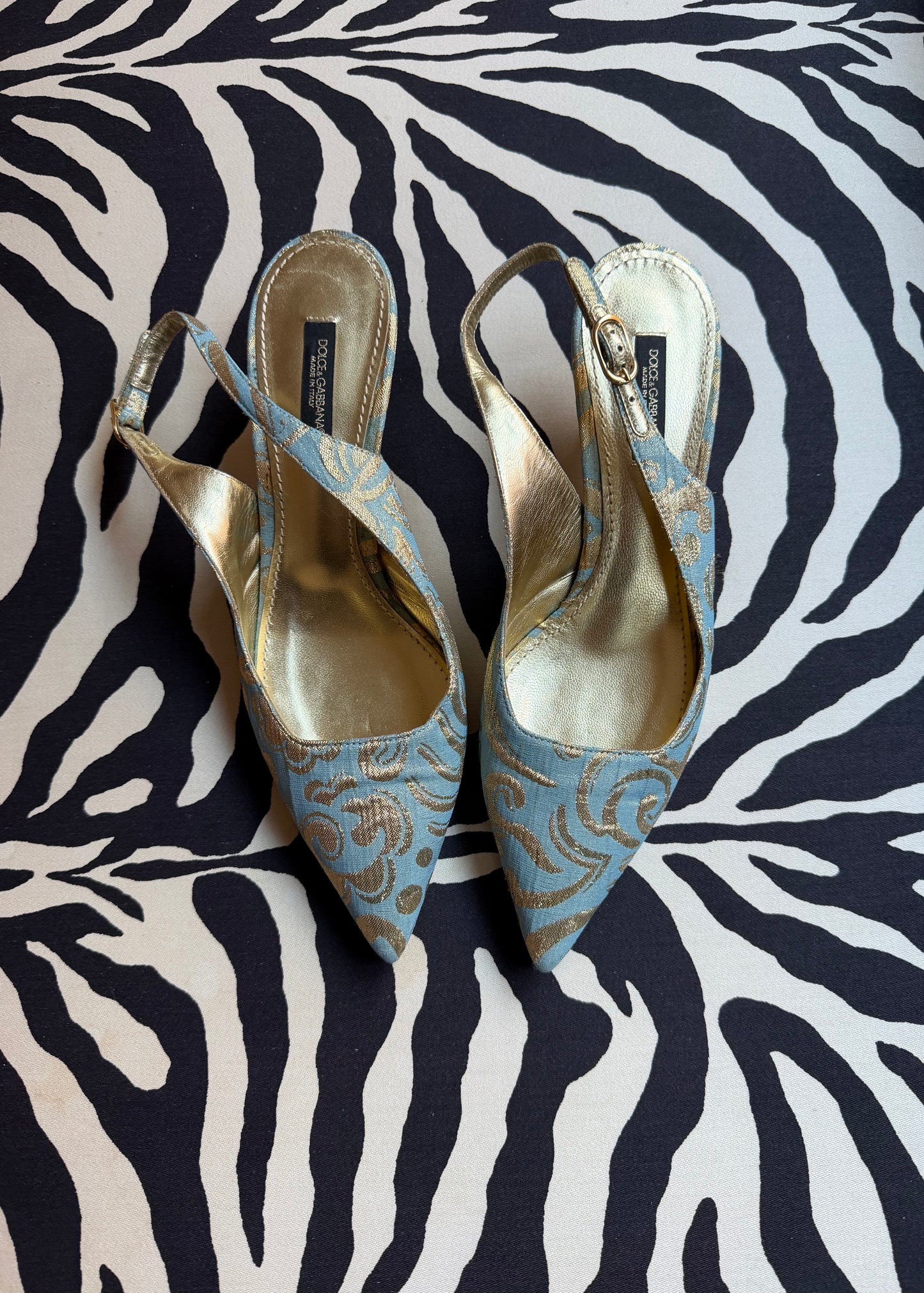 Dolce & Gabbana Gold/Blue Brocade Metallic Kitten Heels