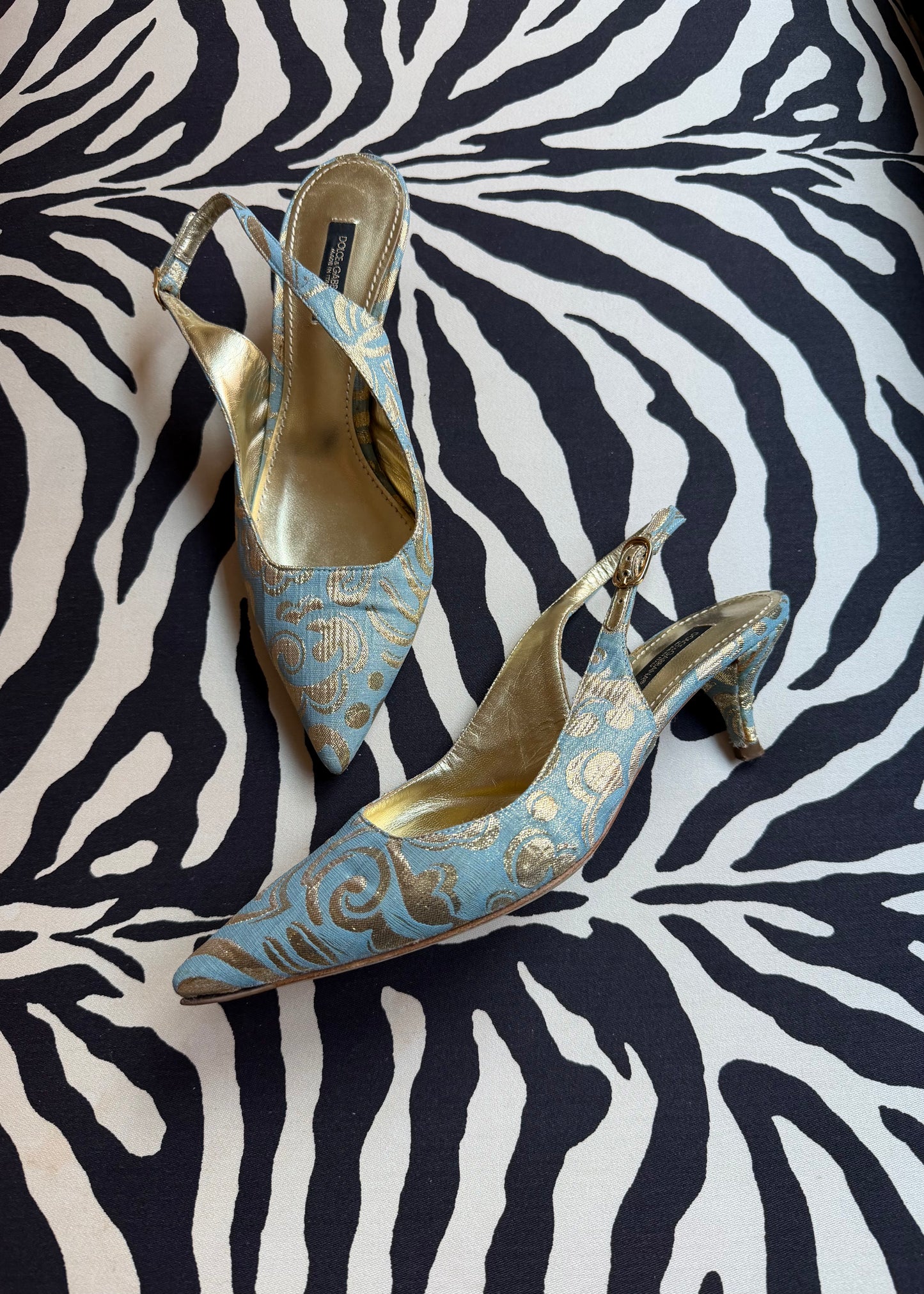 Dolce & Gabbana Gold/Blue Brocade Metallic Kitten Heels