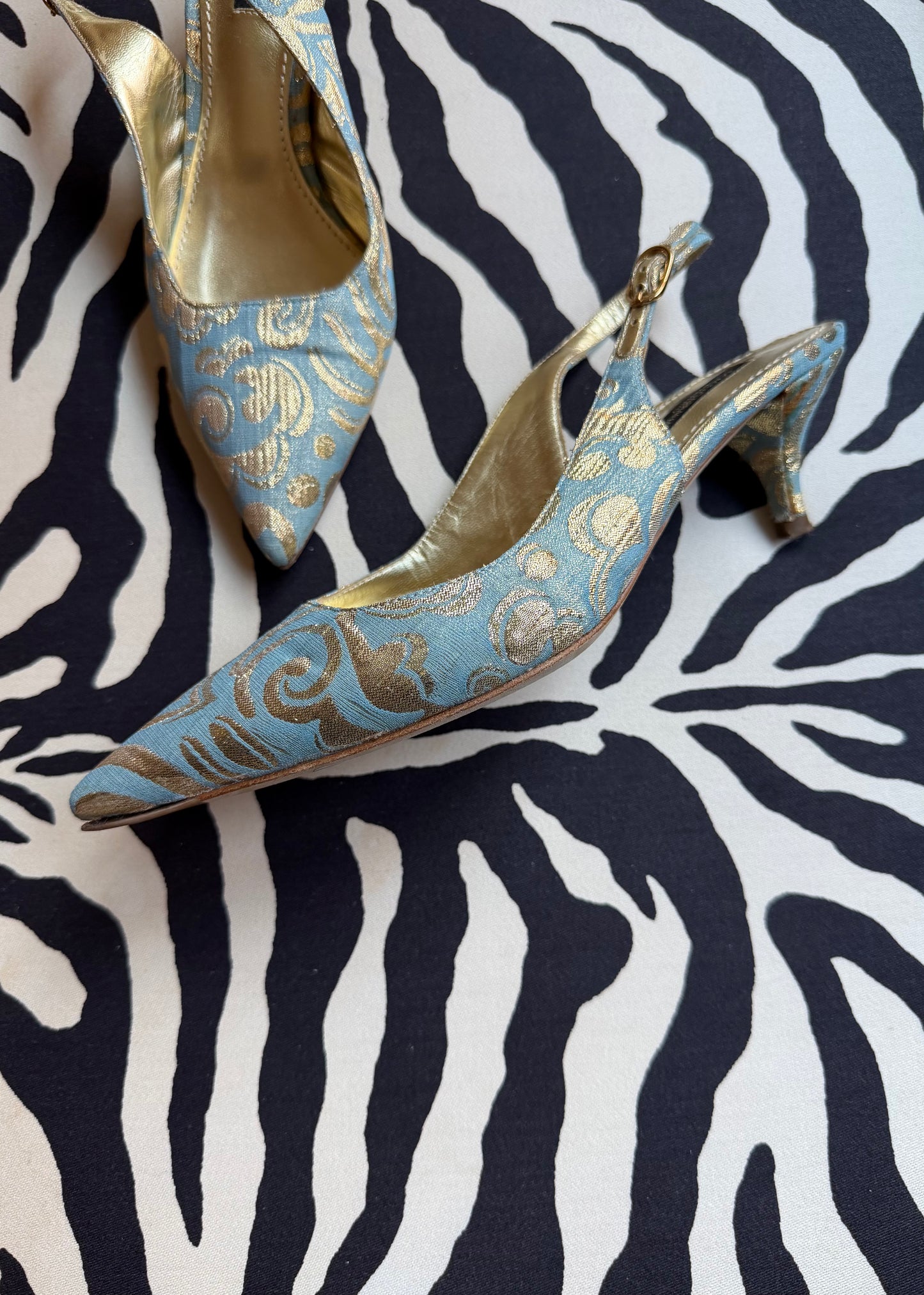 Dolce & Gabbana Gold/Blue Brocade Metallic Kitten Heels